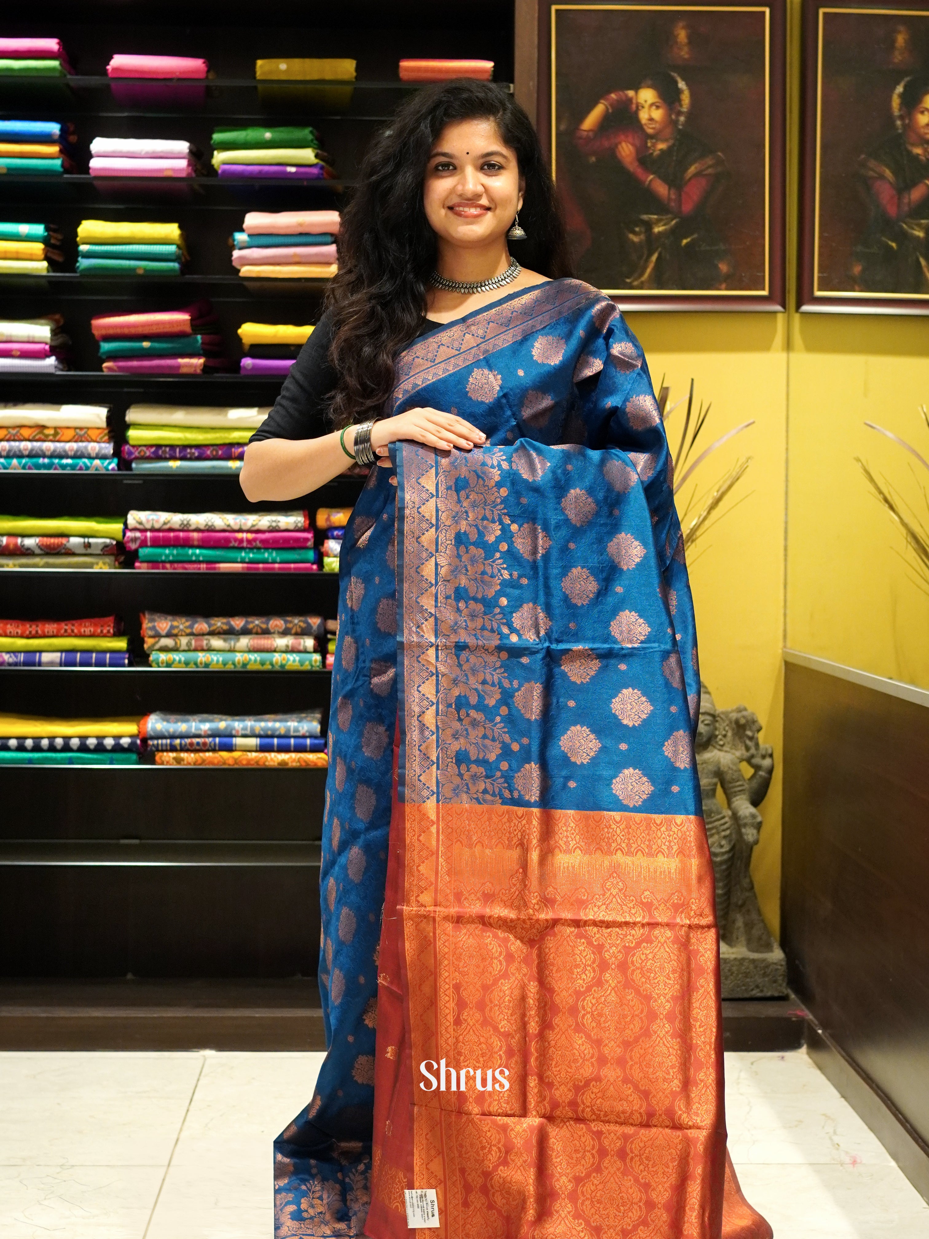 Blue and Arakku Maroon - Semi Softsilk Saree - Shop on ShrusEternity.com