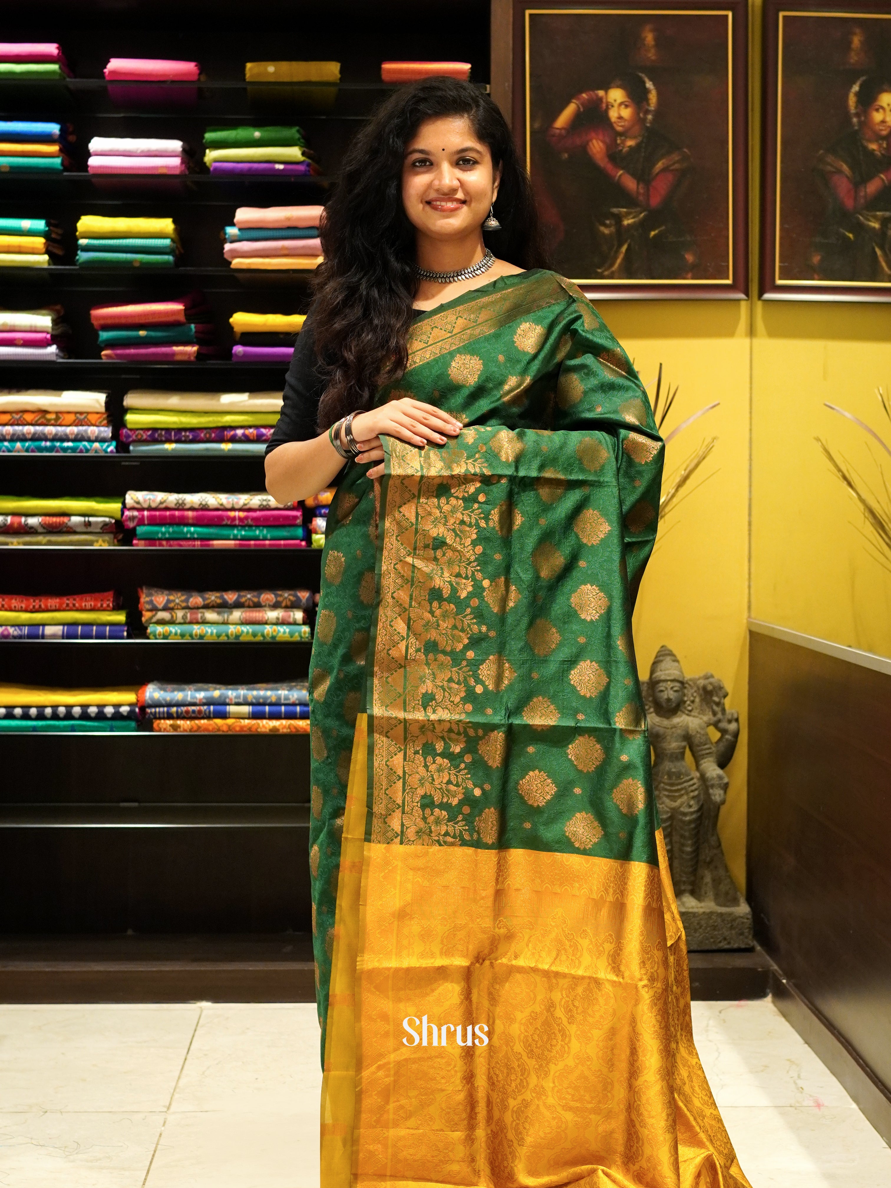 Green & Mustard - Semi Softsilk Saree - Shop on ShrusEternity.com
