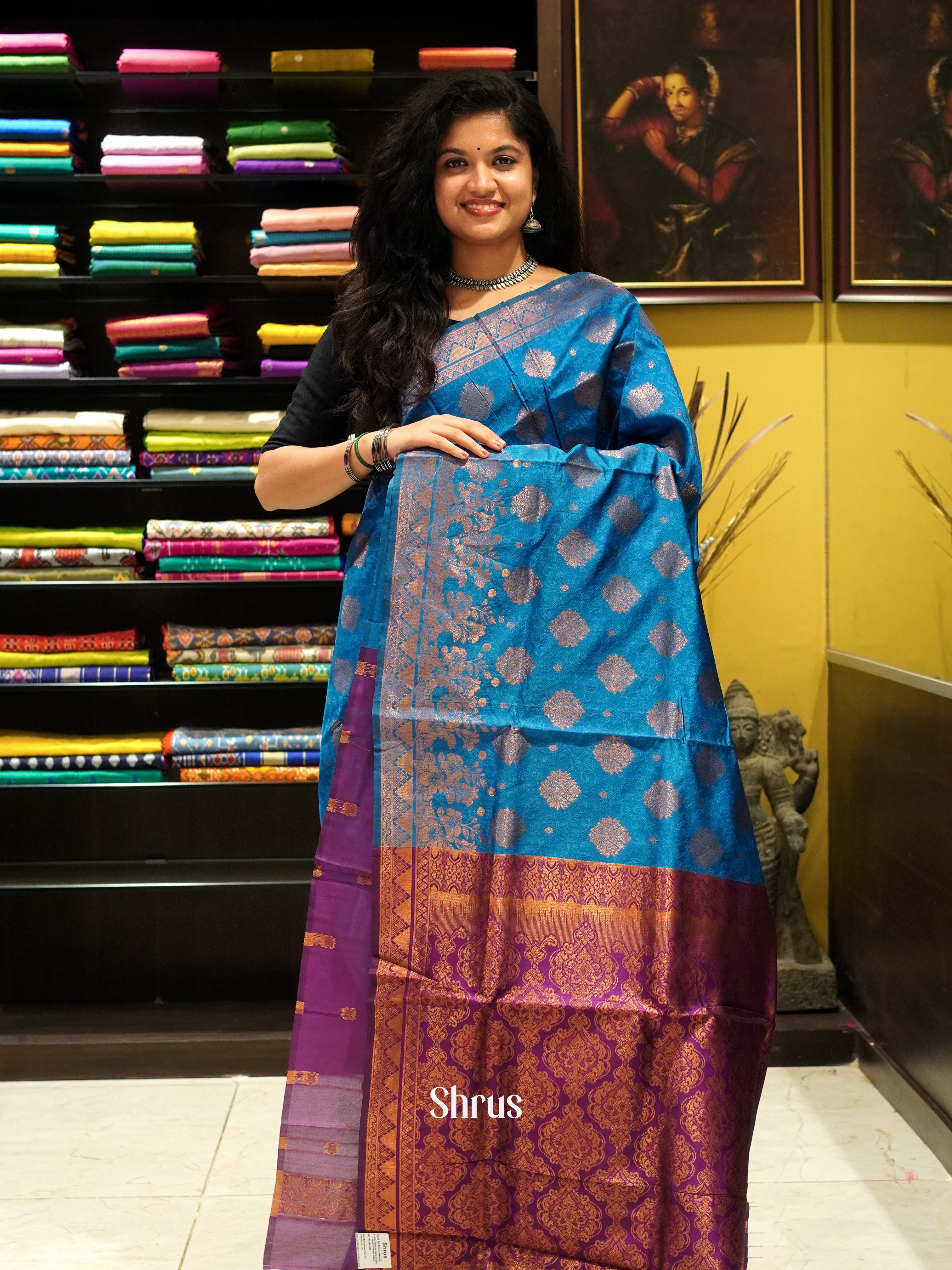 Blue & Wine- Semi Softsilk Saree - Shop on ShrusEternity.com