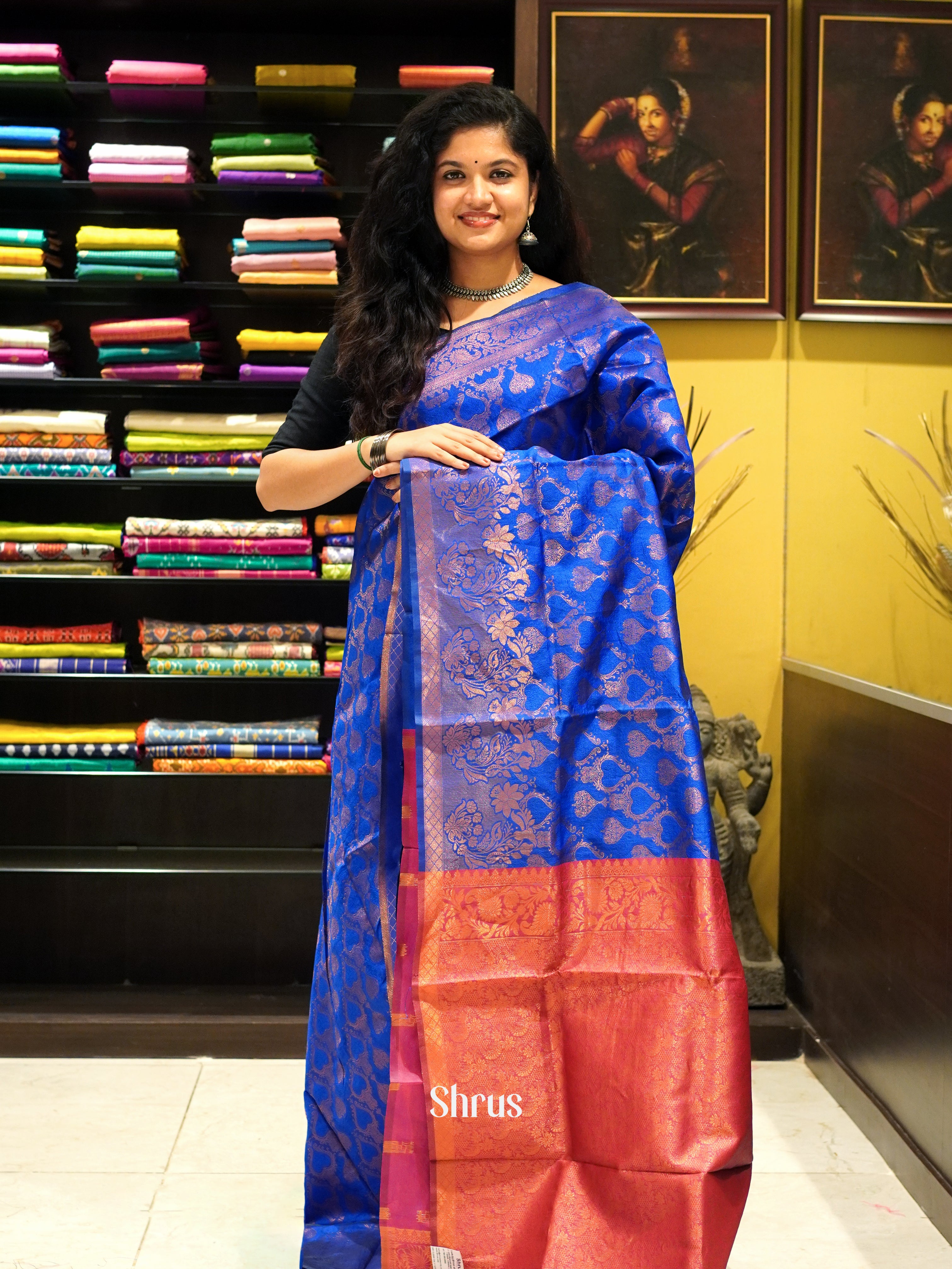 Blue & Pink - Semi Softsilk Saree - Shop on ShrusEternity.com