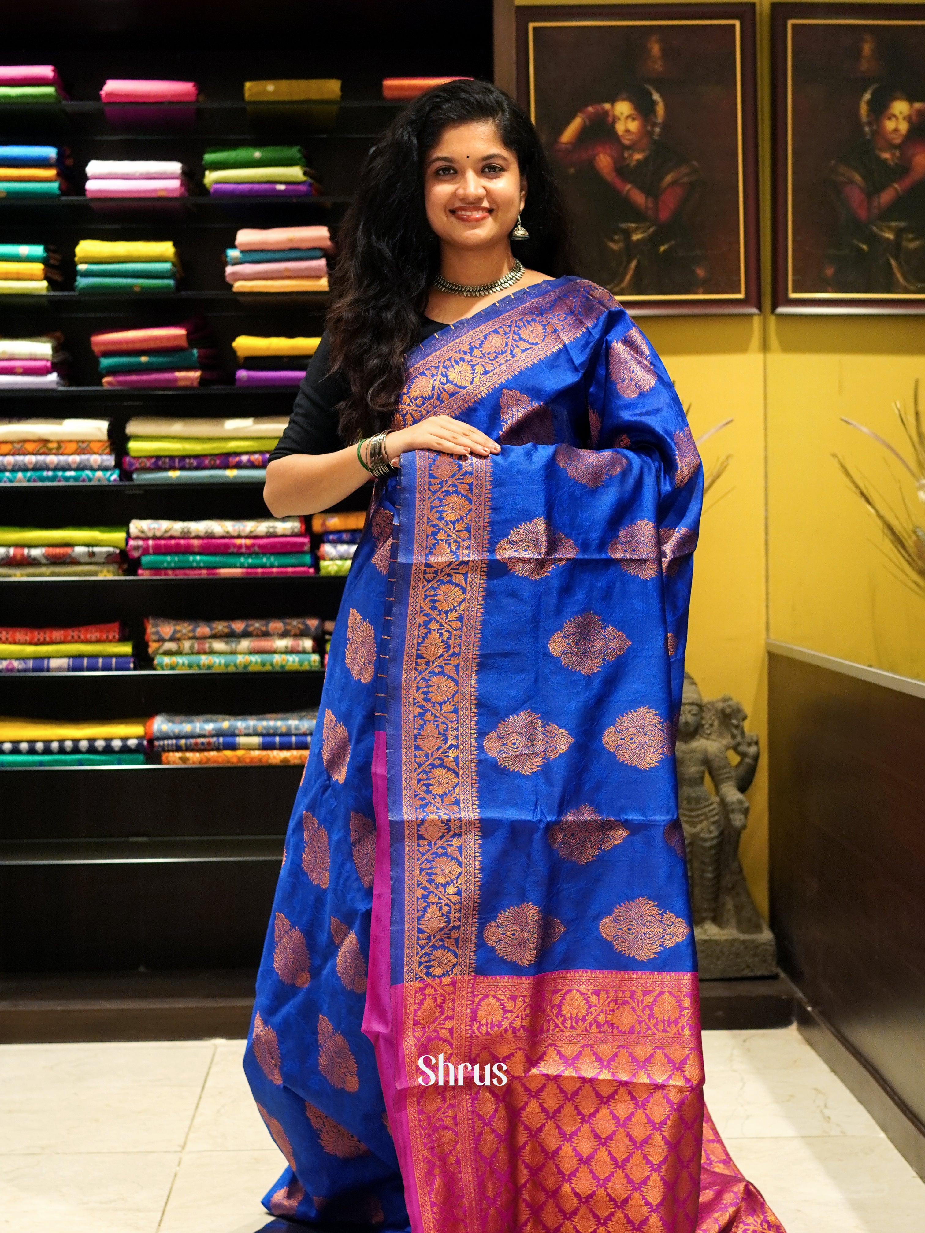 Blue & Pink- Semi Softsilk Saree - Shop on ShrusEternity.com