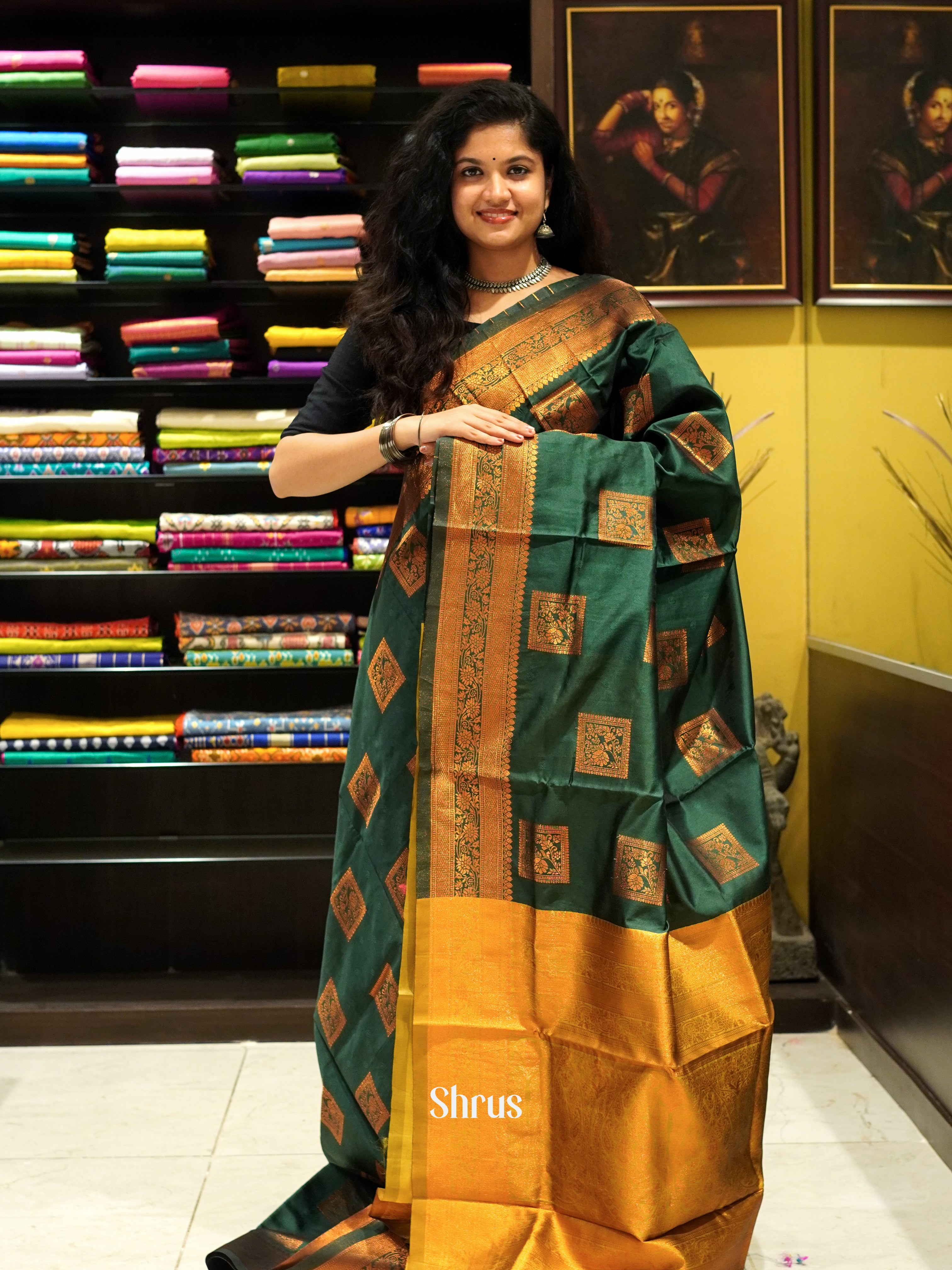Green& Mustard - Semi Softsilk Saree - Shop on ShrusEternity.com