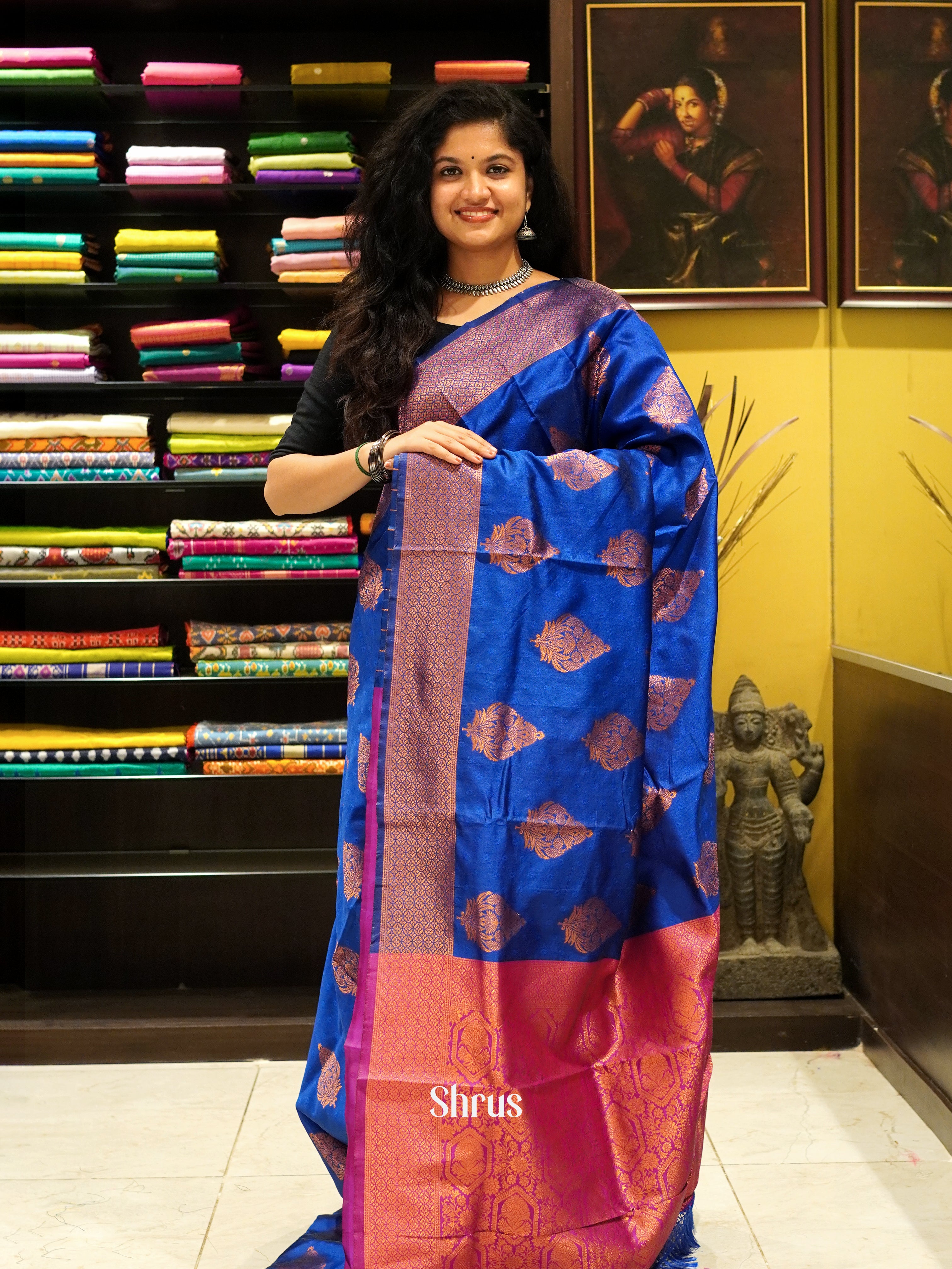 Blue & Pink - Semi Softsilk Saree - Shop on ShrusEternity.com