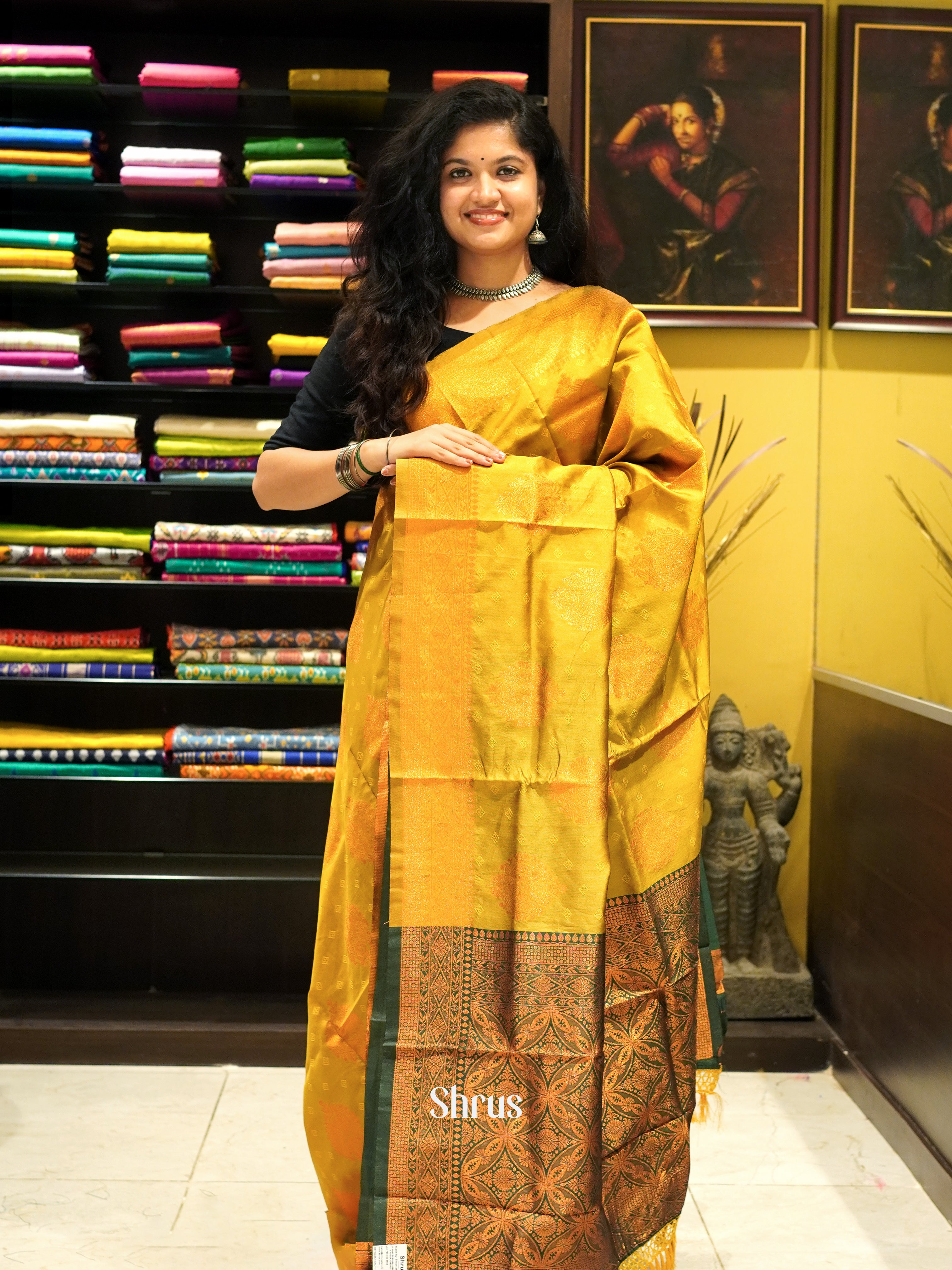 Mustard & Green - Semi Softsilk Saree - Shop on ShrusEternity.com
