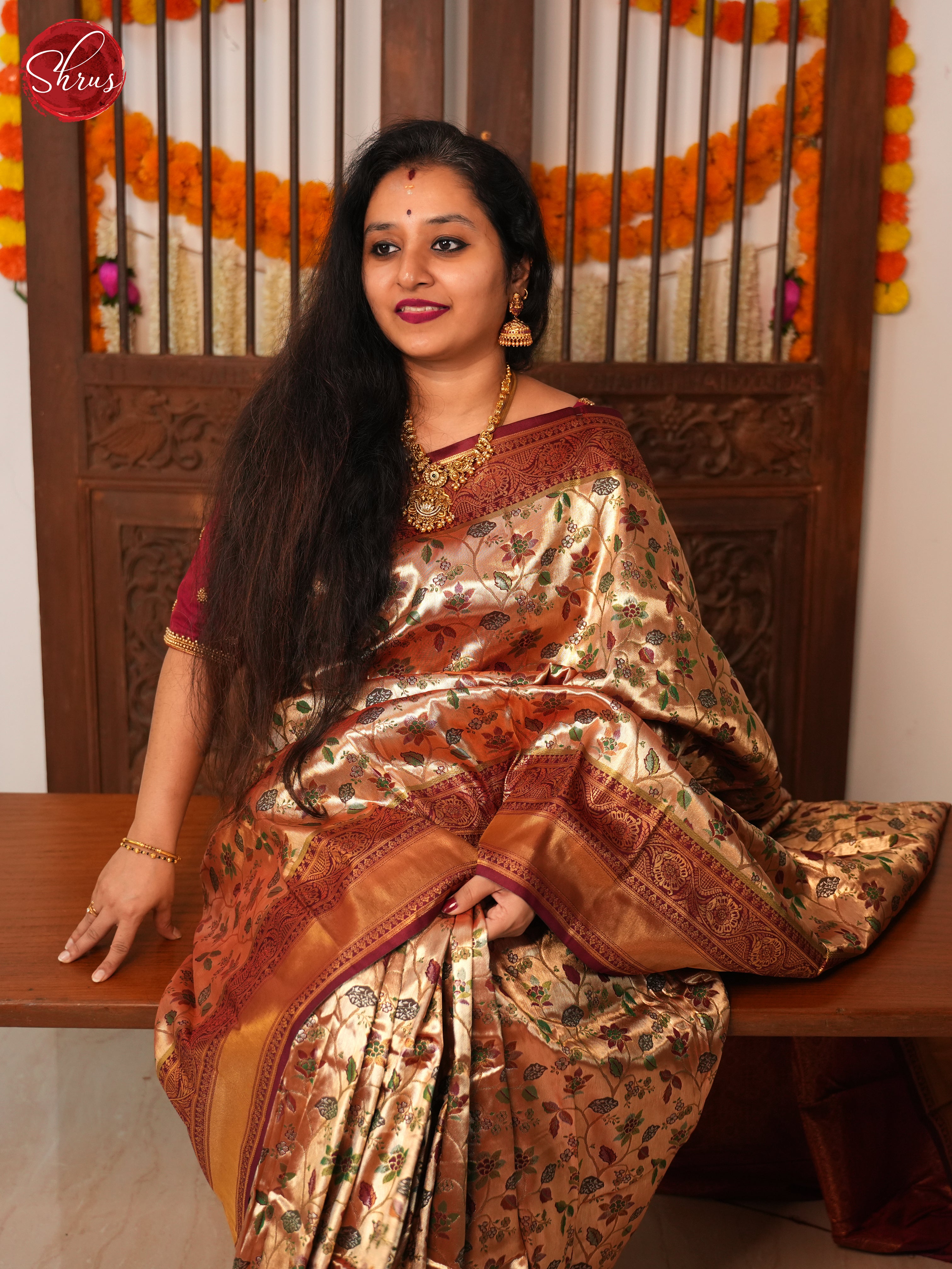 Gold & Maroon - Semi Tissue Saree - Shop on ShrusEternity.com
