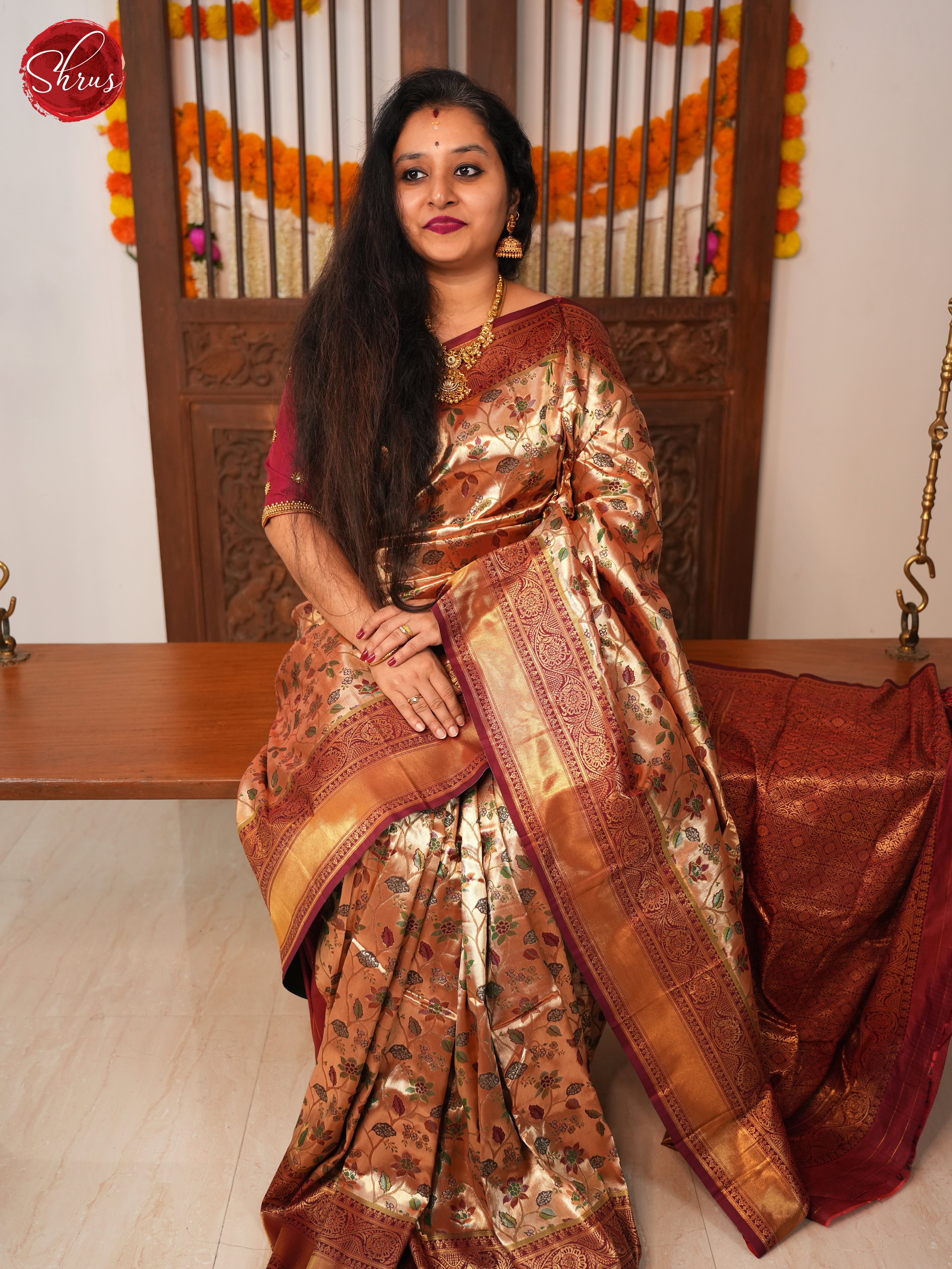 Gold & Maroon - Semi Tissue Saree - Shop on ShrusEternity.com