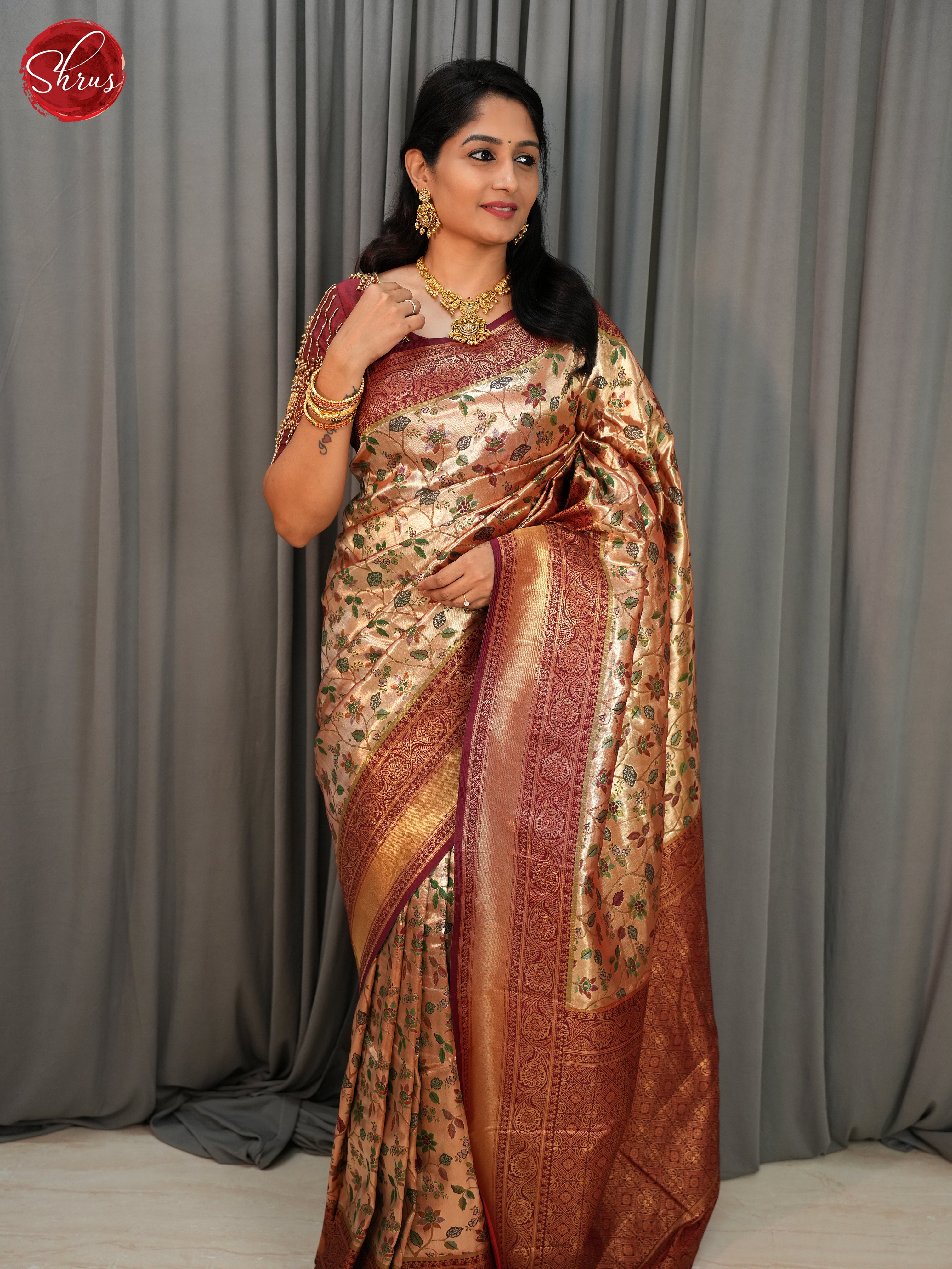 Gold & Maroon - Semi Tissue Saree - Shop on ShrusEternity.com
