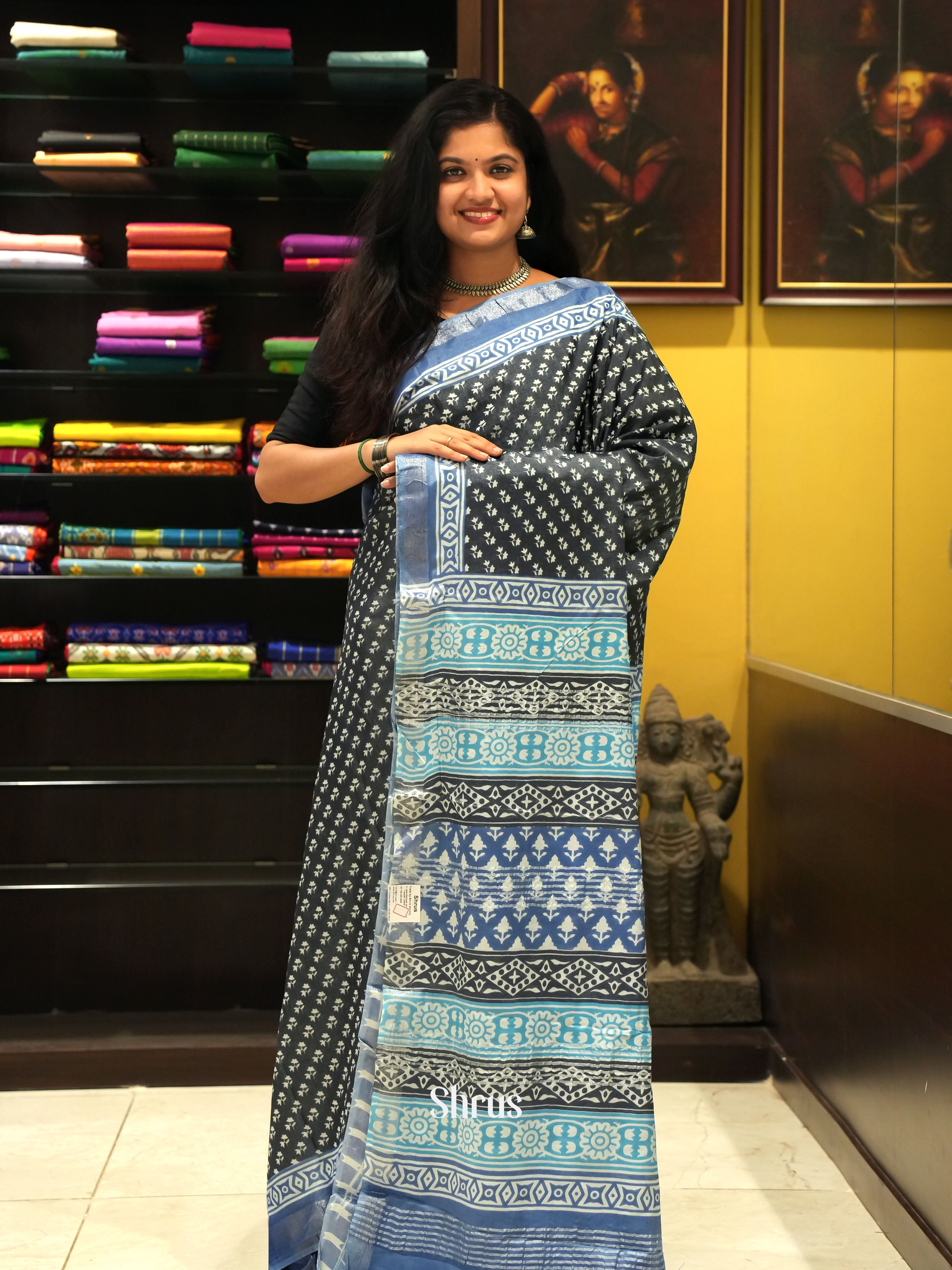 Black & Grey - Jaipur cotton Saree - Shop on ShrusEternity.com