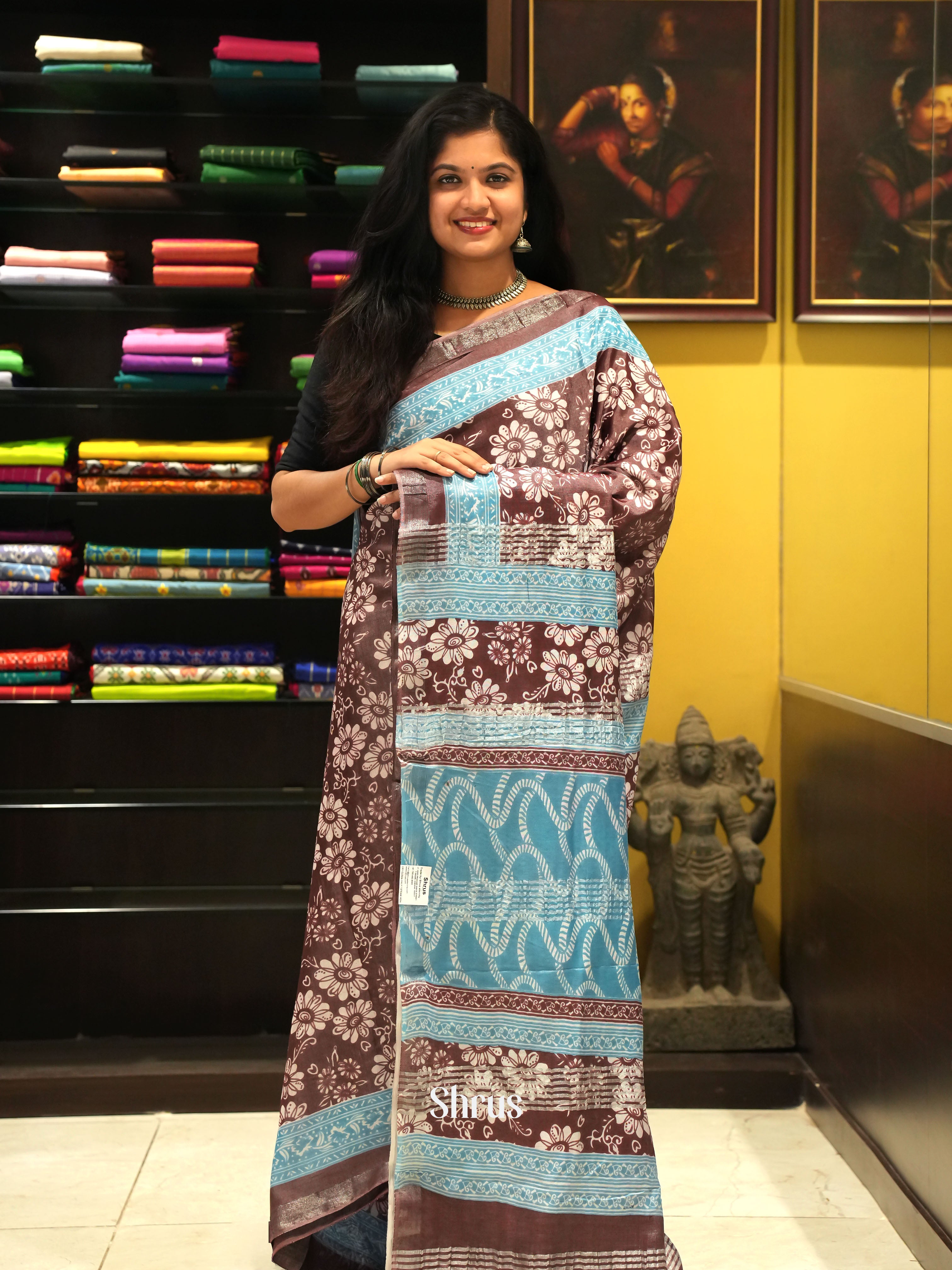 Brown & Blue -Jaipur cotton Saree - Shop on ShrusEternity.com