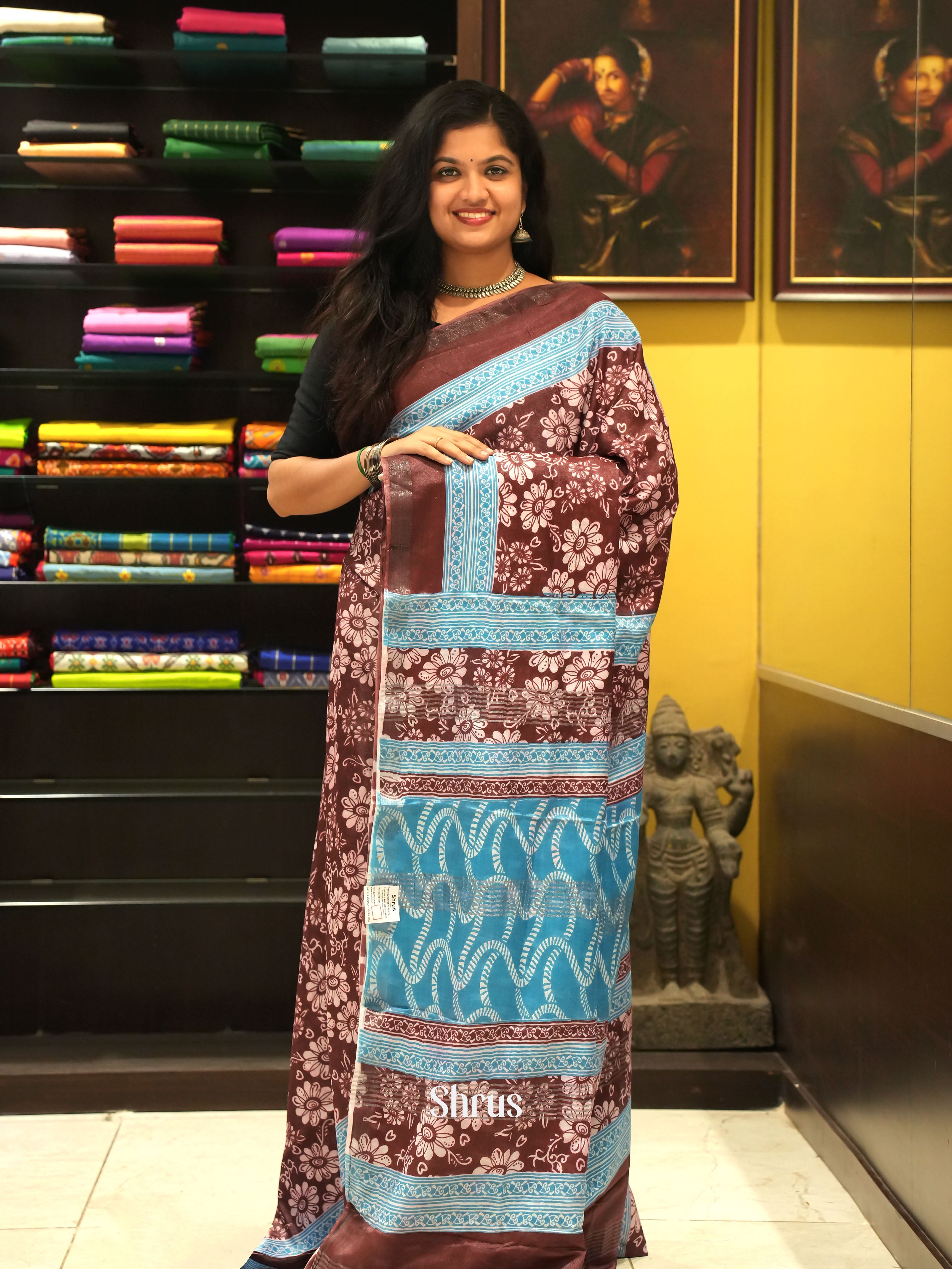 Brown & Blue -Jaipur cotton Saree - Shop on ShrusEternity.com