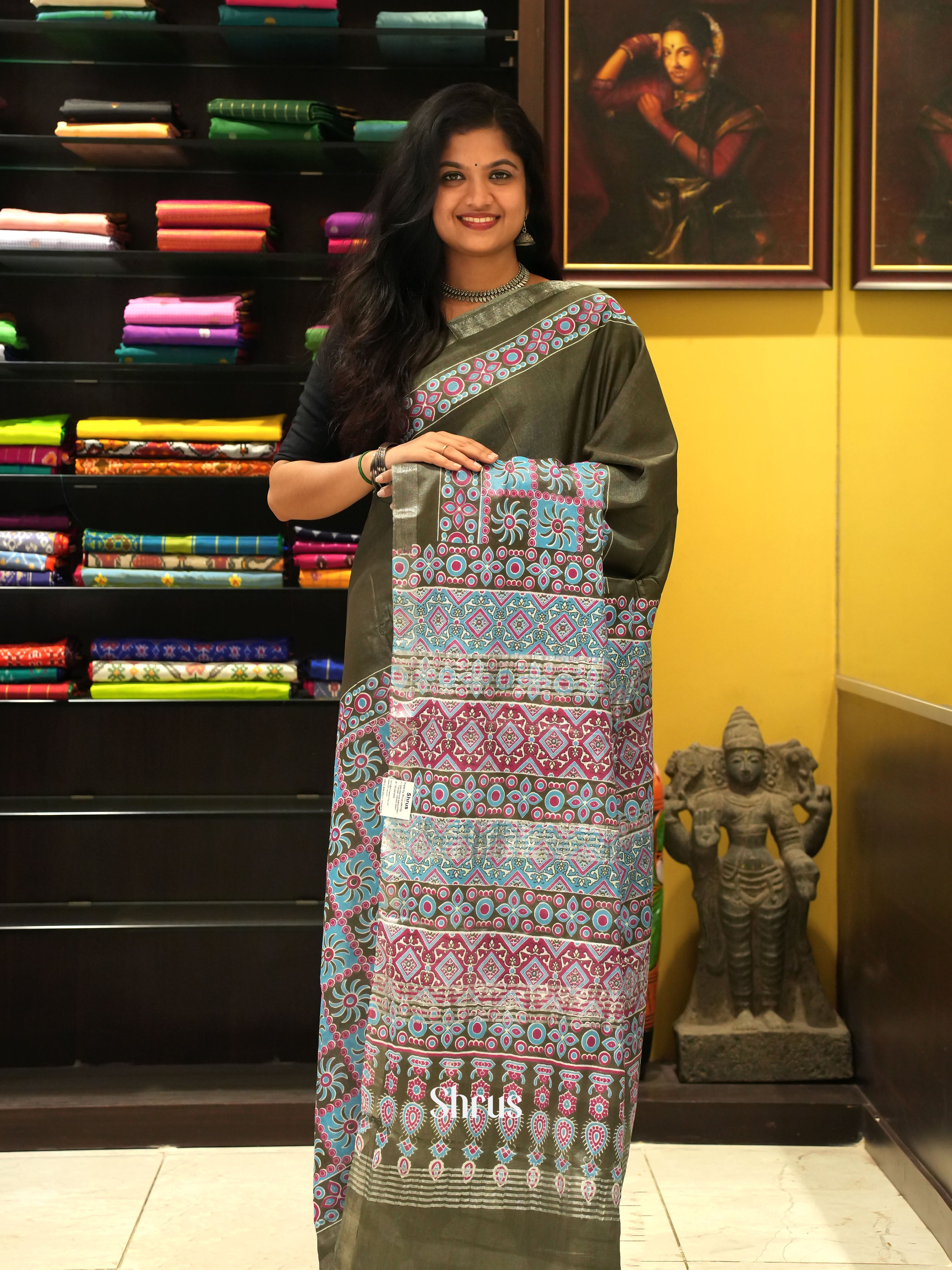 Grey and Blue - Jaipur cotton Saree - Shop on ShrusEternity.com