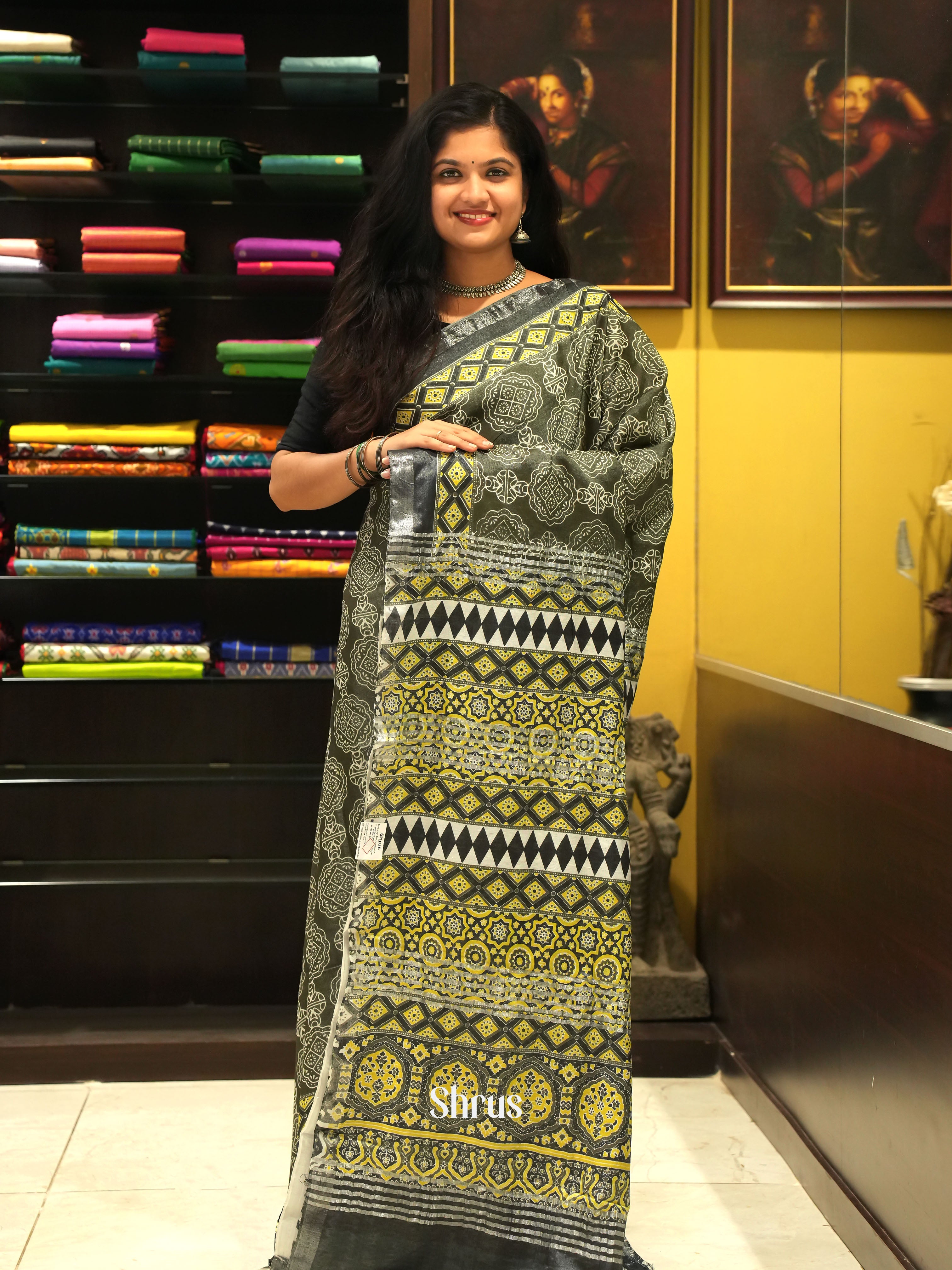 Grey and Green - Jaipur cotton Saree - Shop on ShrusEternity.com