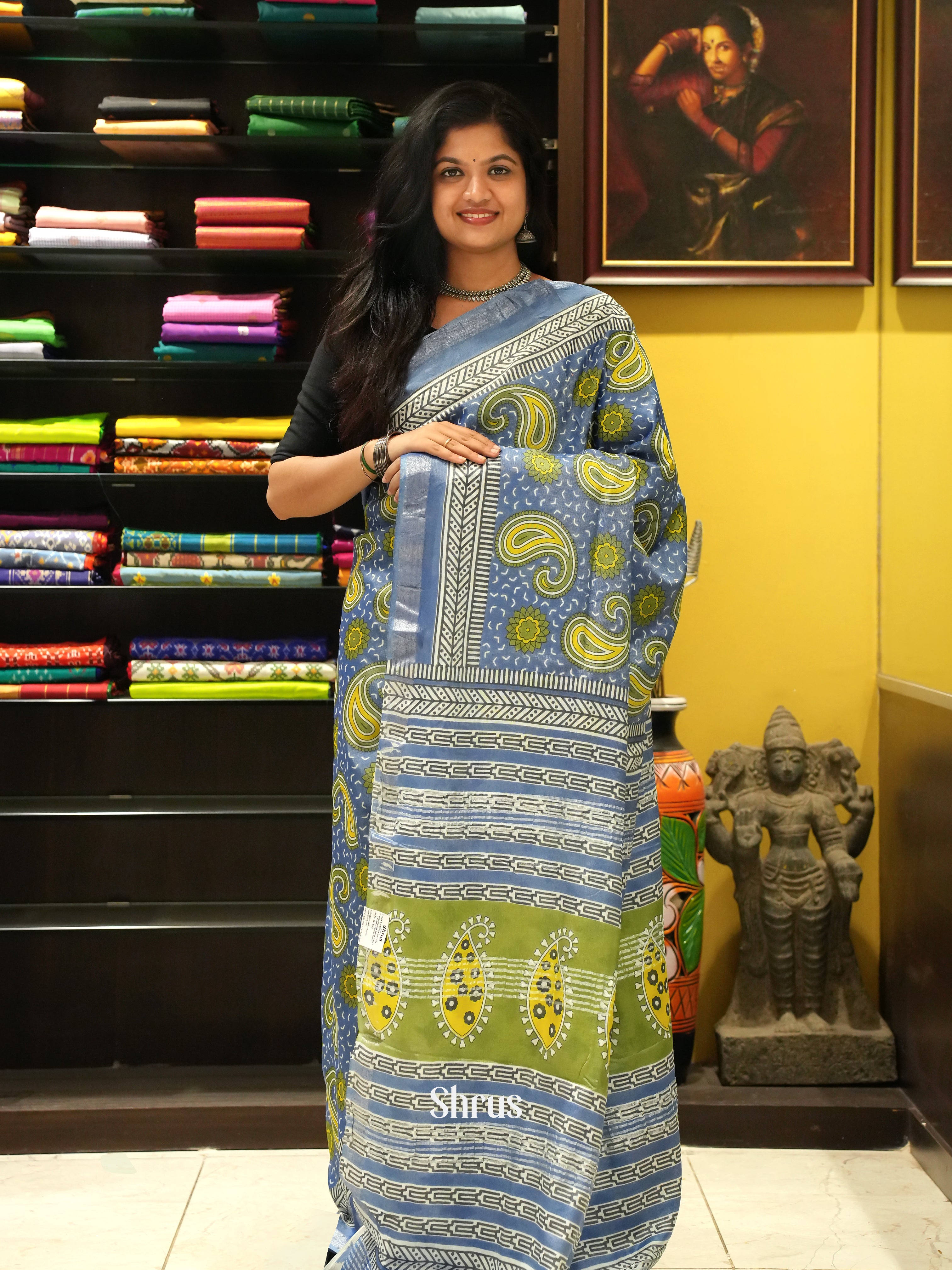 Blue and cream - Jaipur cotton Saree - Shop on ShrusEternity.com