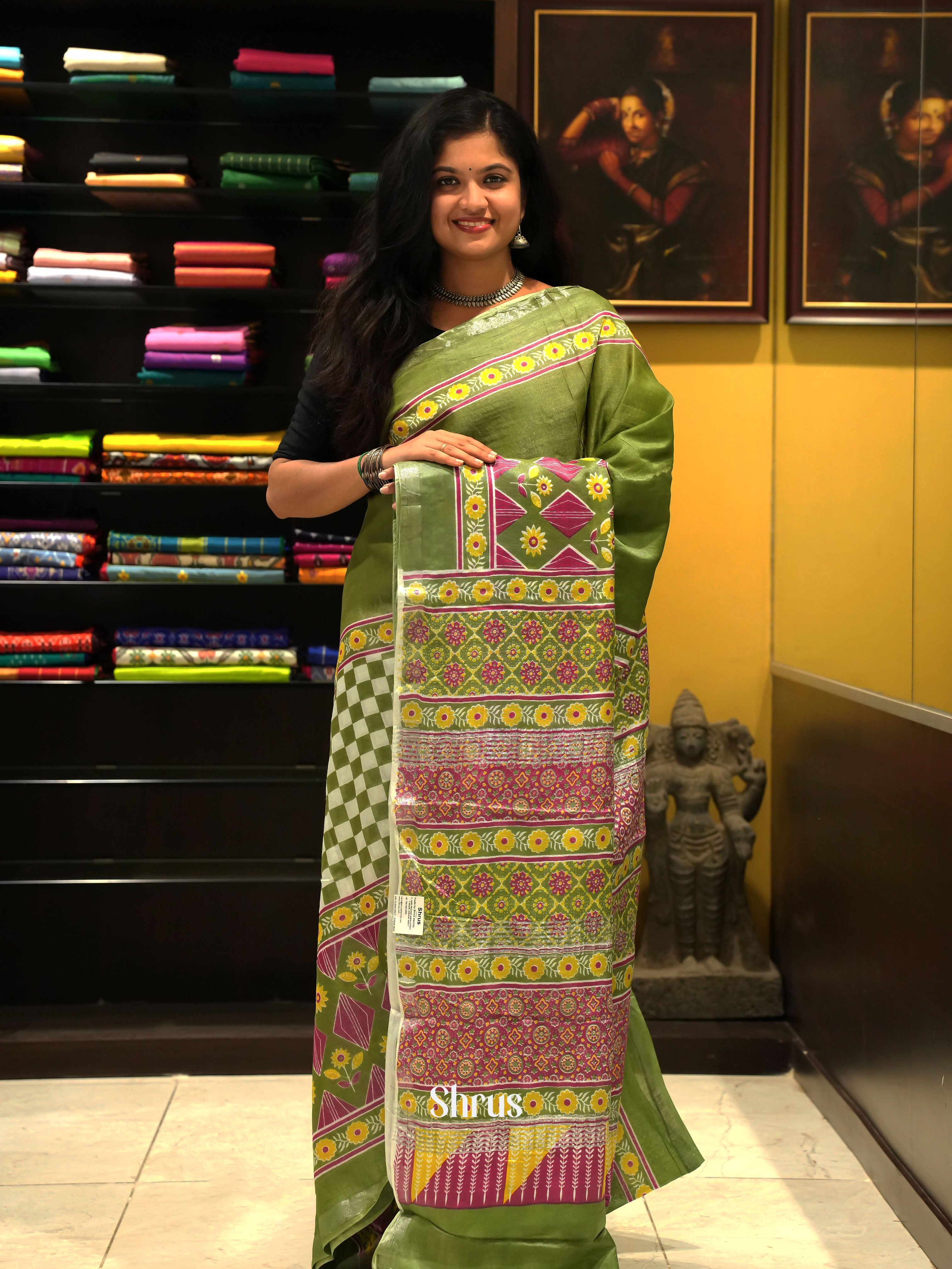 Green and Cream- Jaipur cotton Saree - Shop on ShrusEternity.com