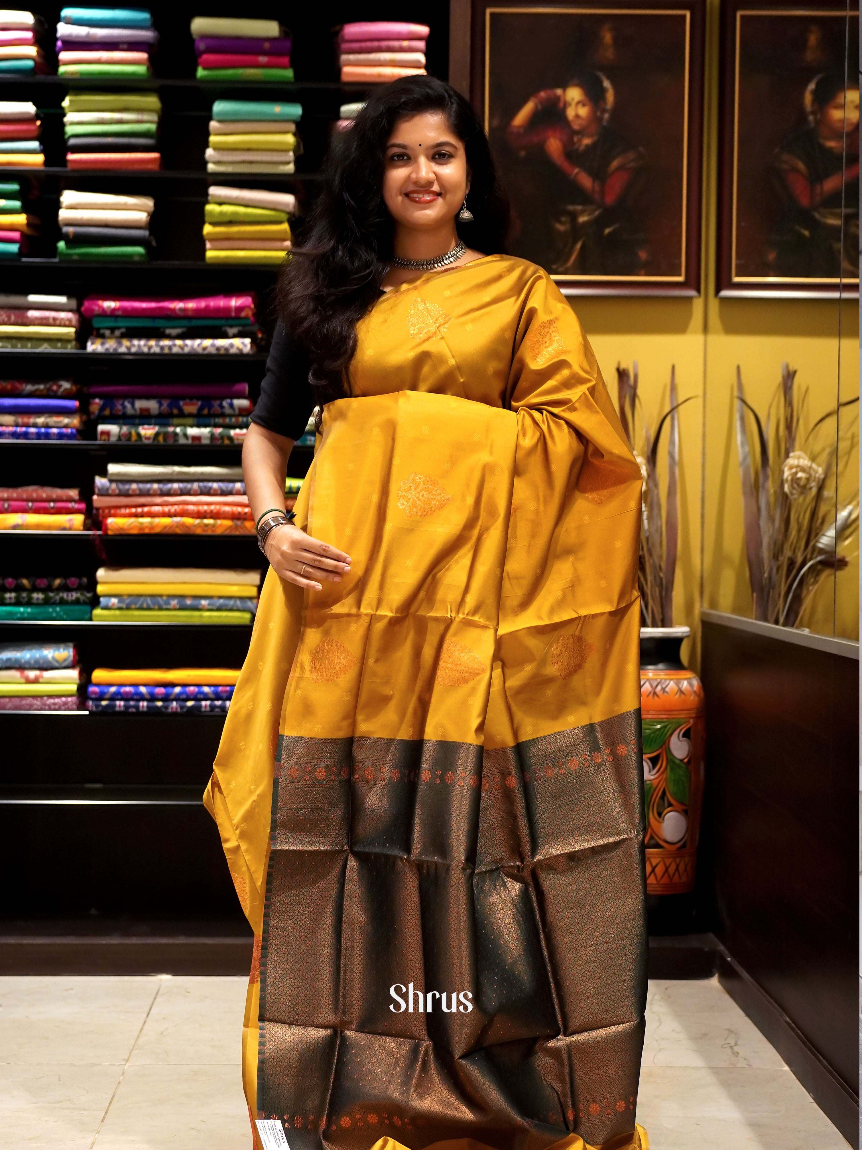Mustard & Green - Semi Softsilk Saree - Shop on ShrusEternity.com