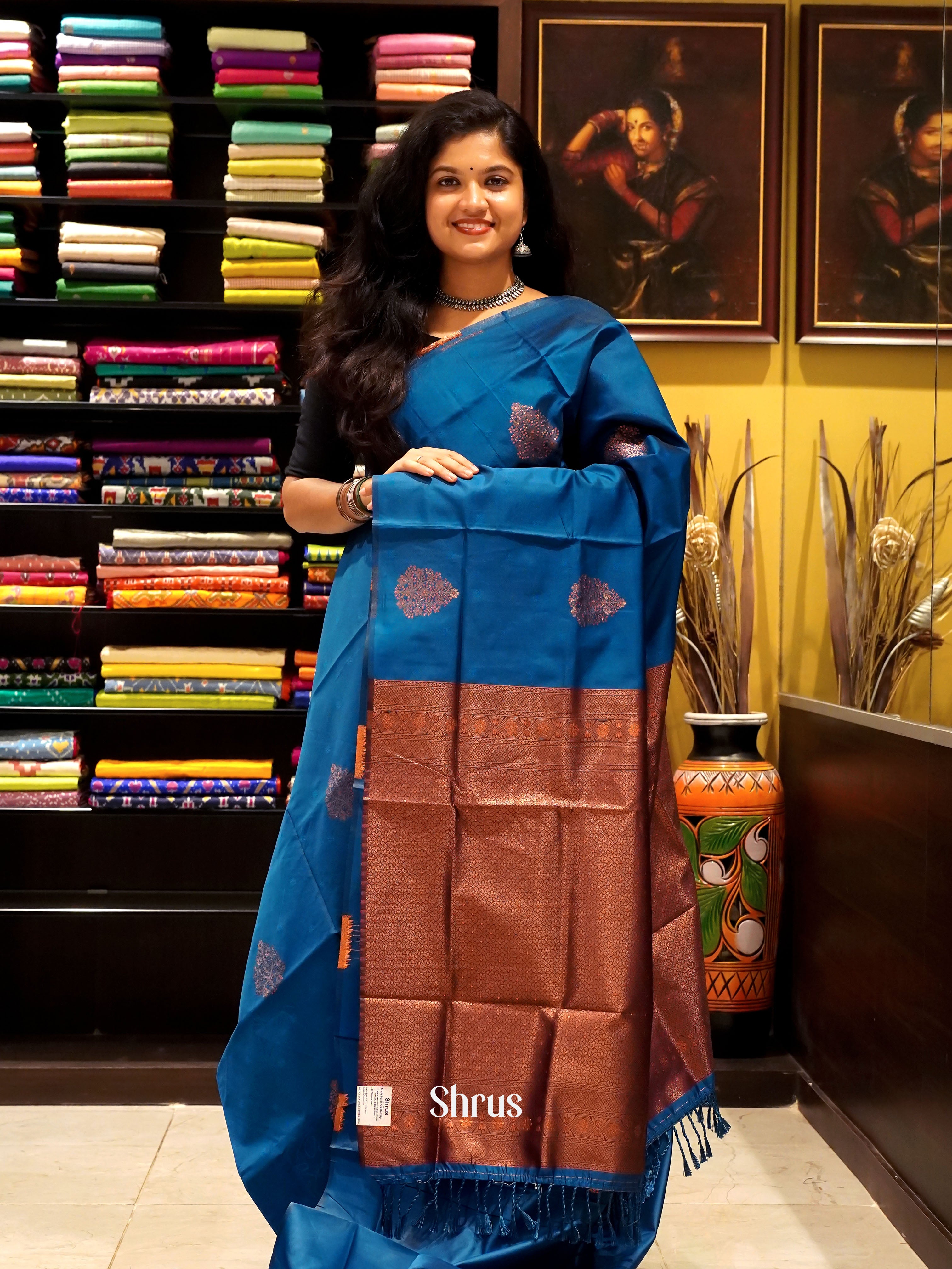 Blue & Maroon - Semi Softsilk Saree - Shop on ShrusEternity.com