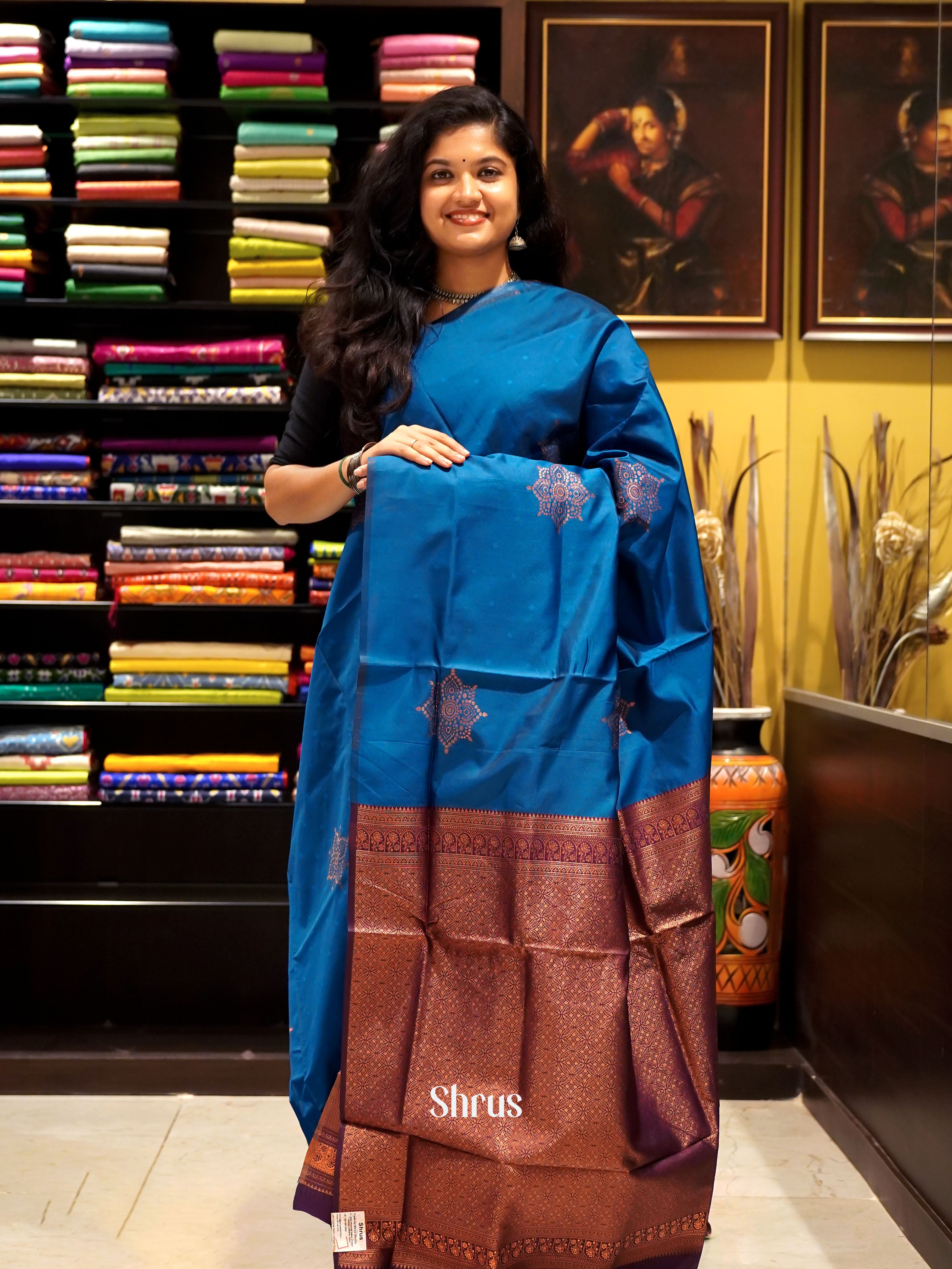 Blue & Maroon - Semi Softsilk Saree - Shop on ShrusEternity.com
