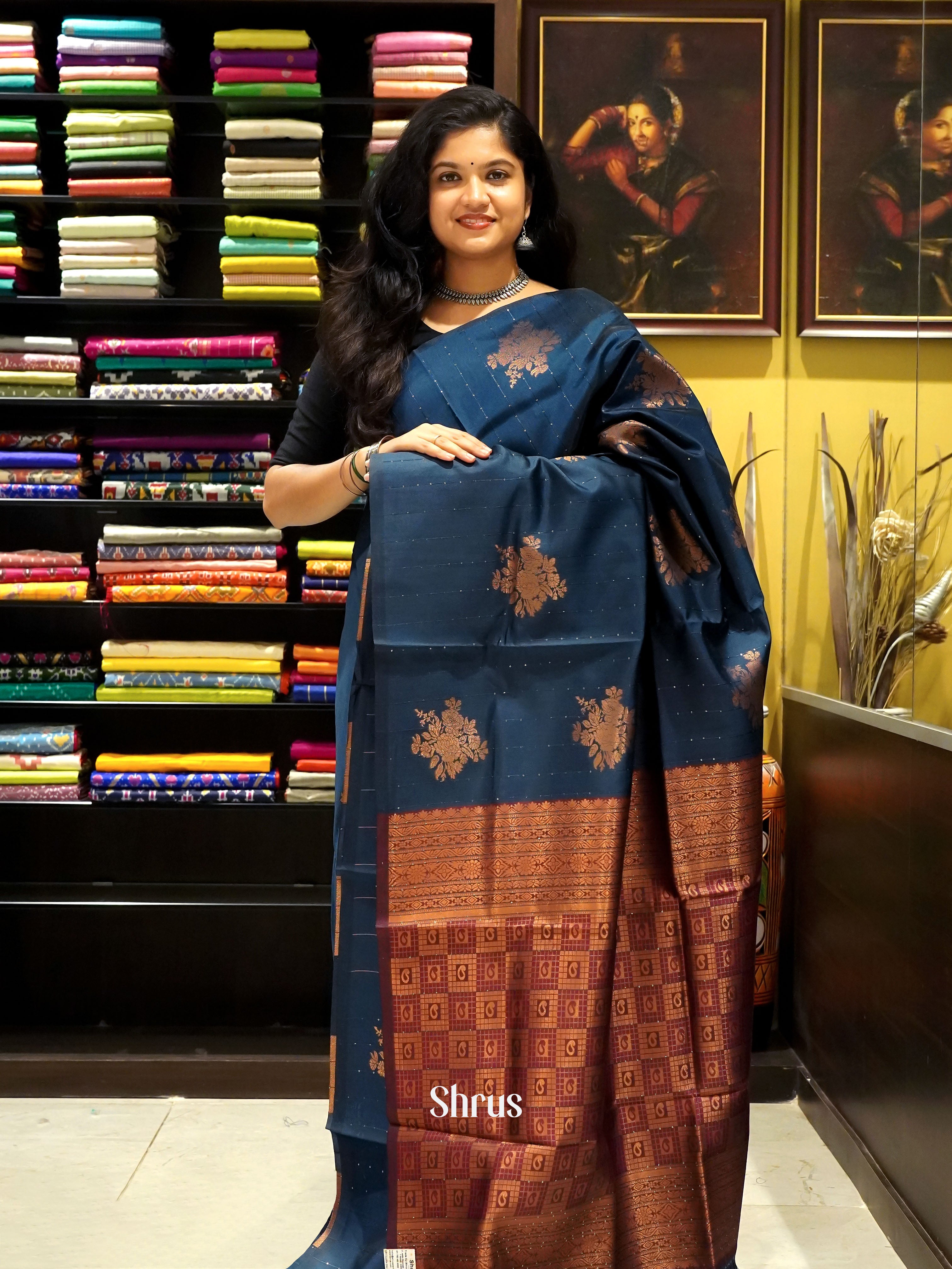 Blue & Arakku Maroon - Semi Softsilk Saree - Shop on ShrusEternity.com