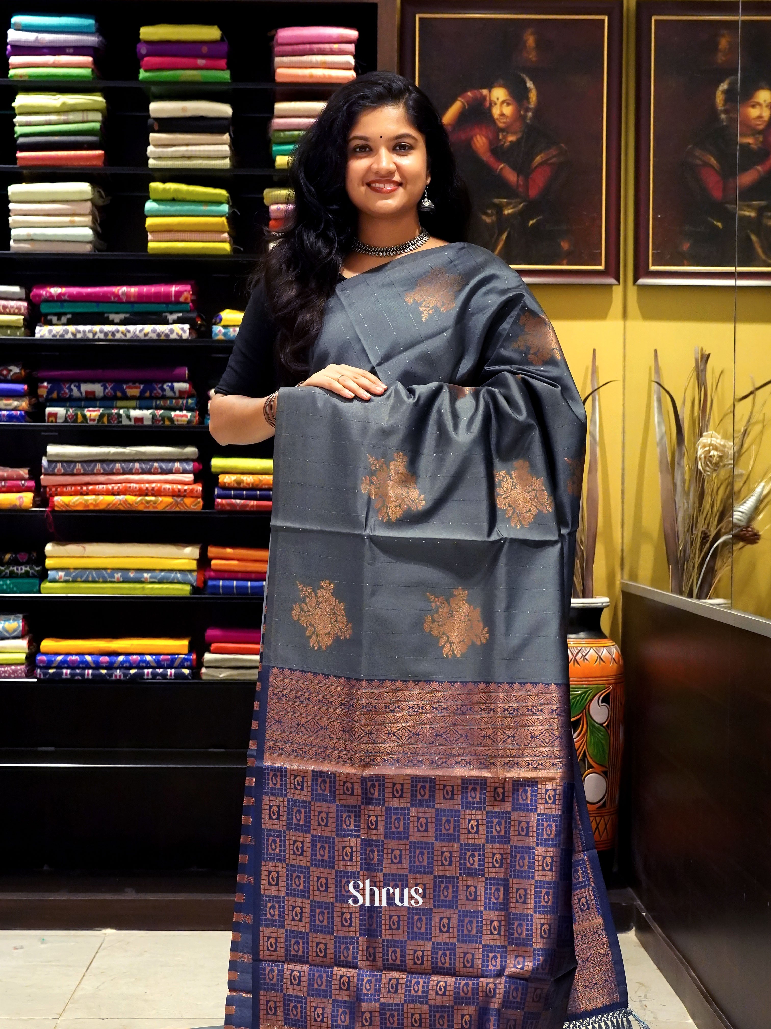 Grey & Blue - Semi Softsilk Saree - Shop on ShrusEternity.com