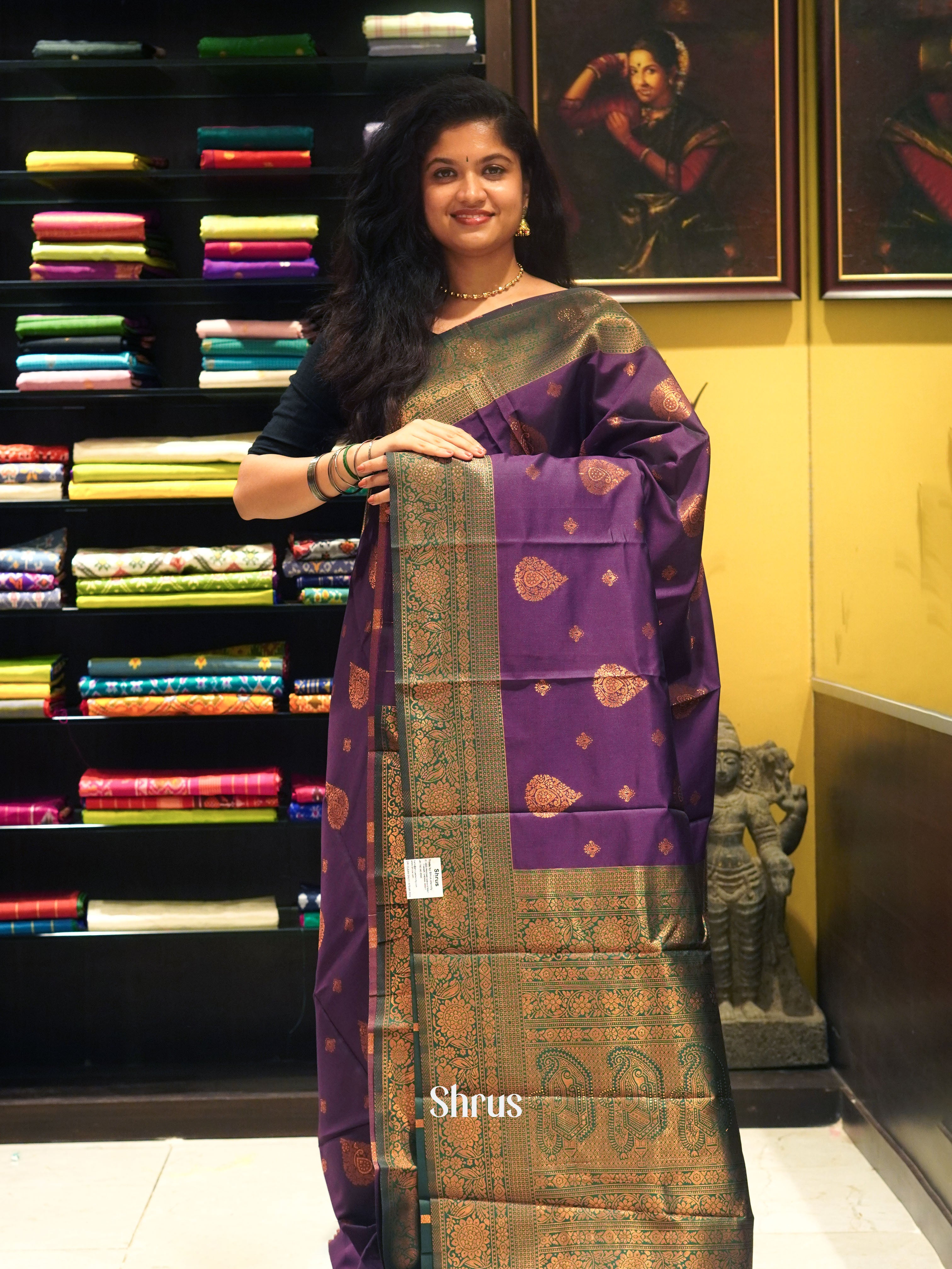 Wine And Green-Semi kanchipuram saree - Shop on ShrusEternity.com