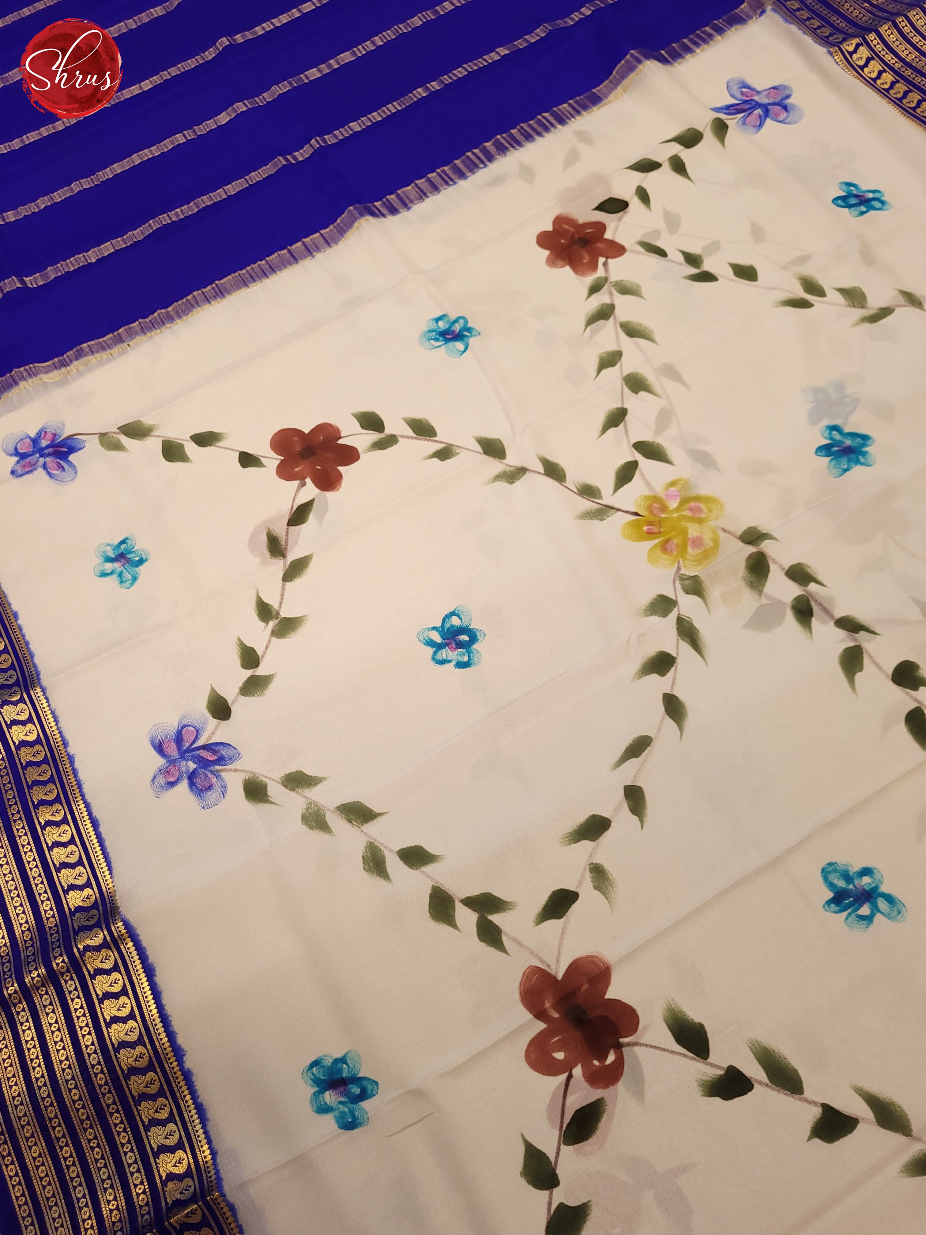Cream & Blue - Mysore Silk Saree - Shop on ShrusEternity.com