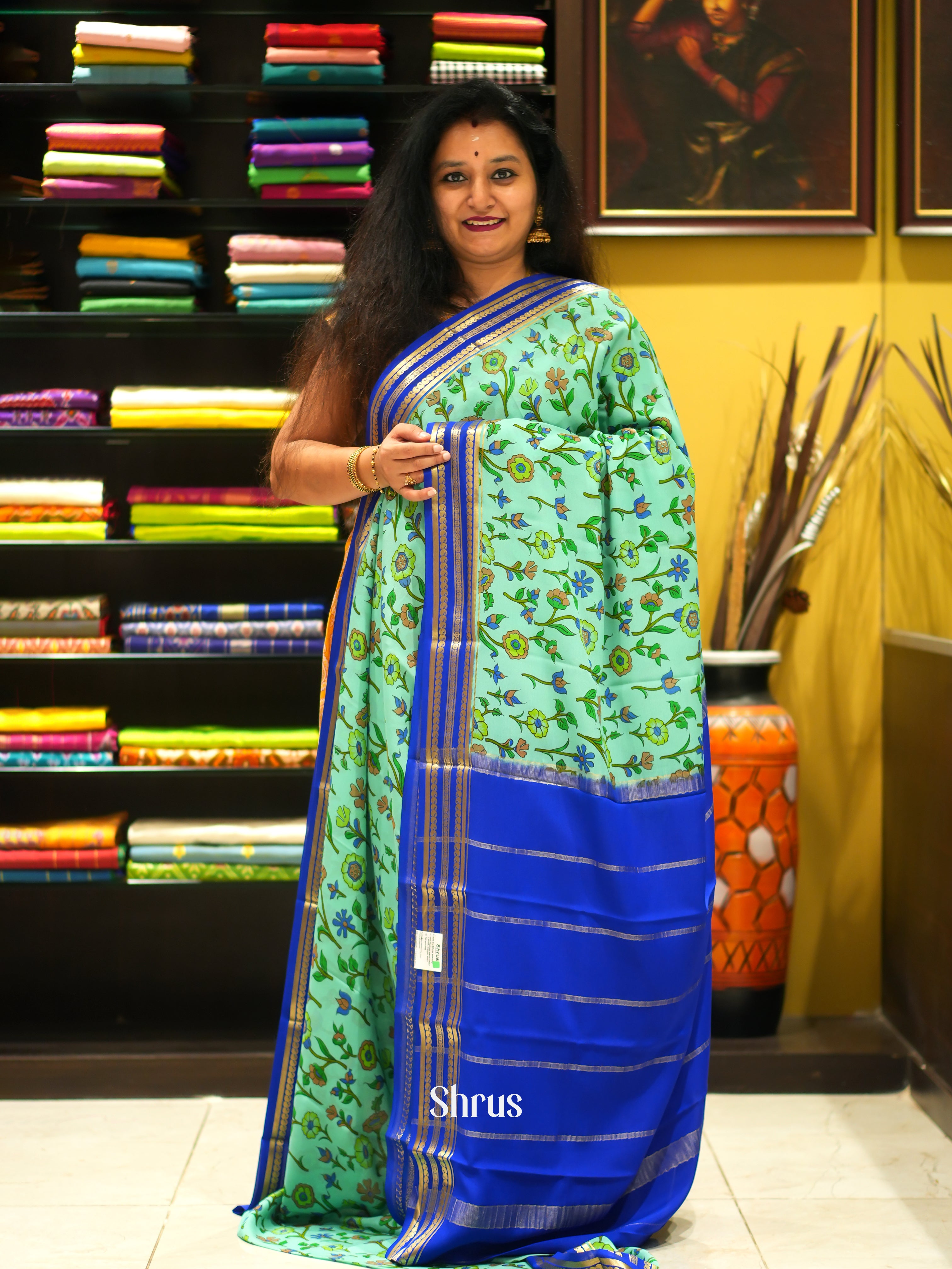 Teal Green and Blue-Mysore Silk - Shop on ShrusEternity.com