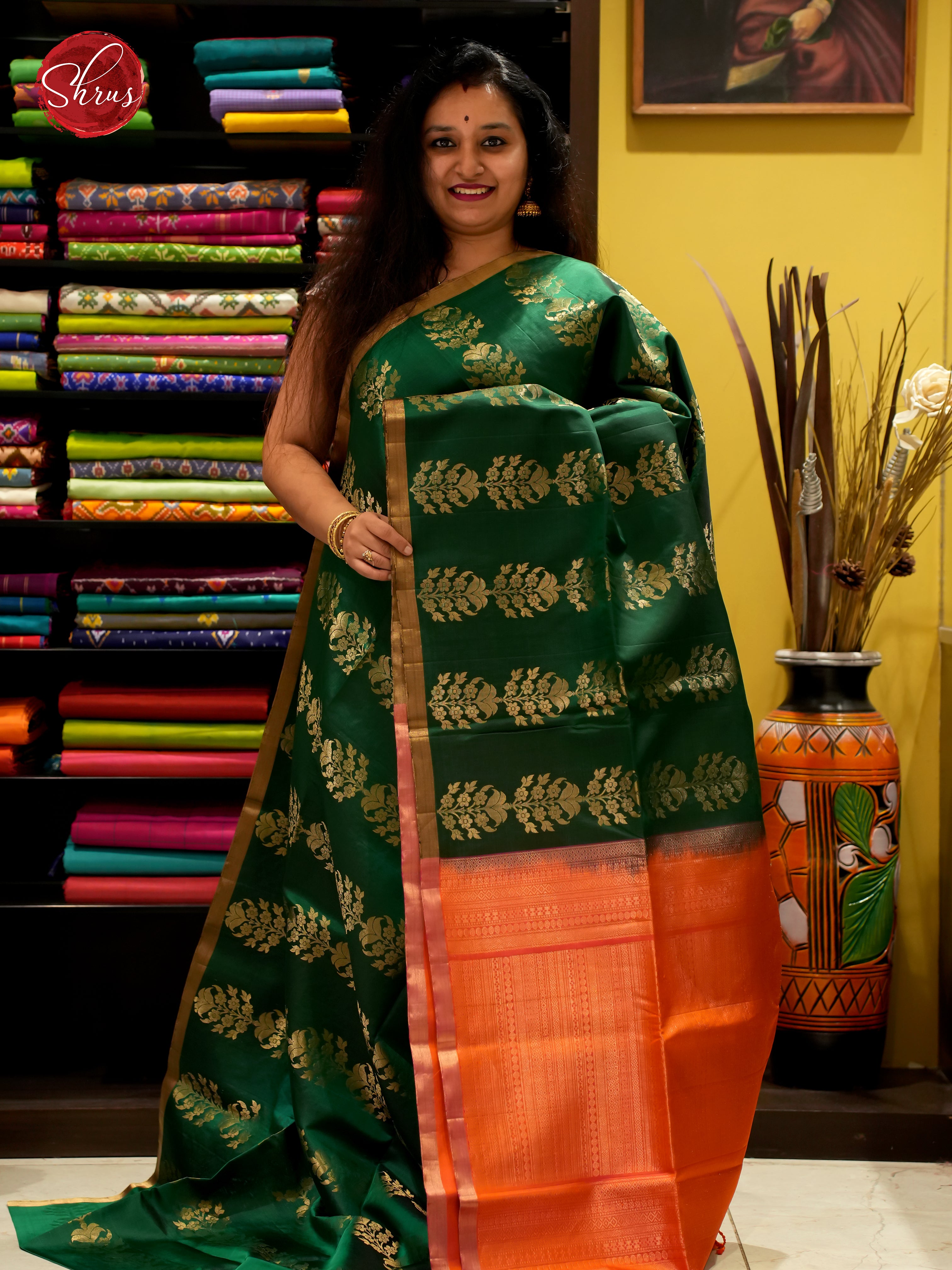 Bottle green and pink- Soft Silk Saree-1