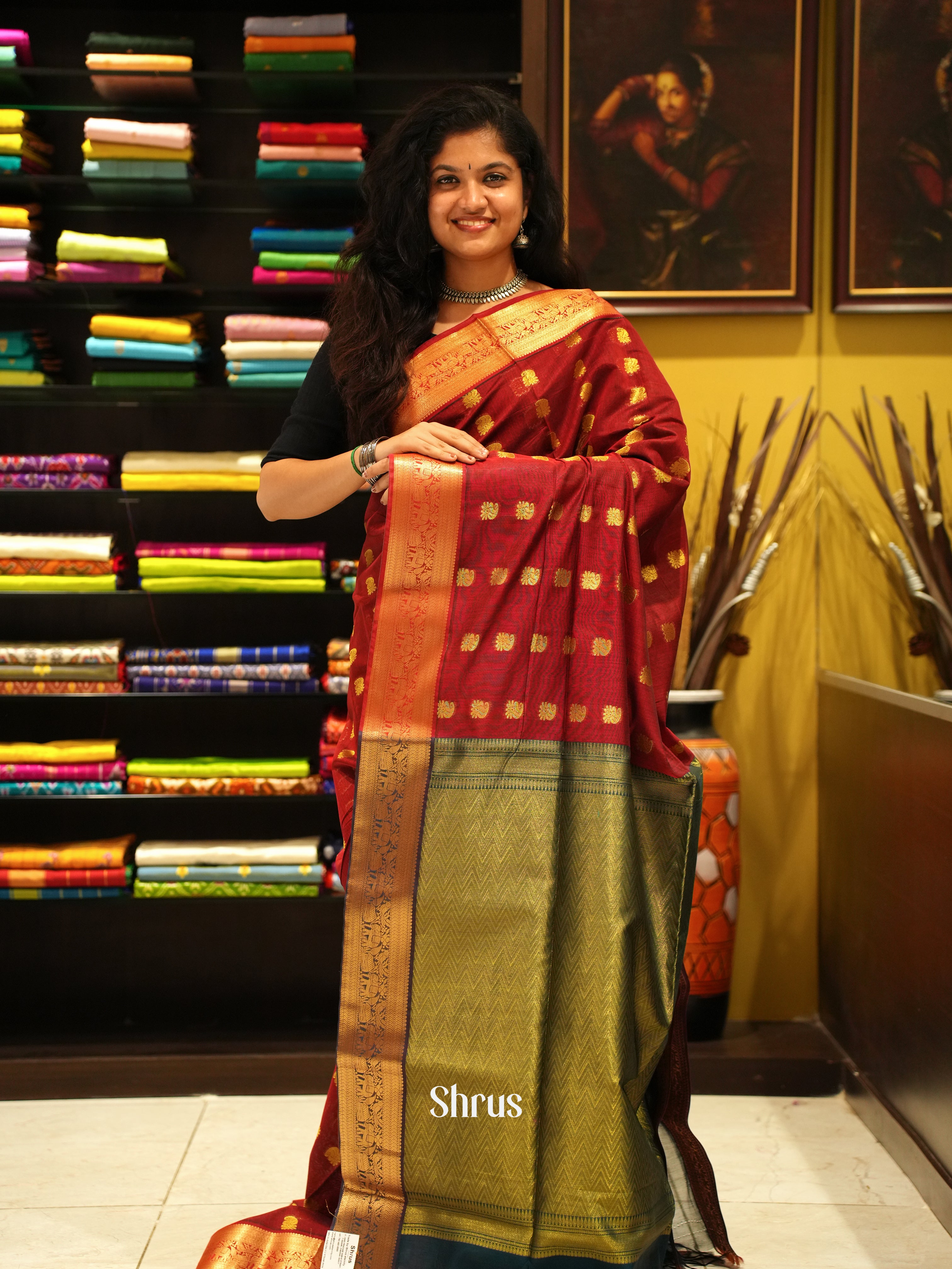 Maroon and green- Semi Silkcotton Saree - Shop on ShrusEternity.com