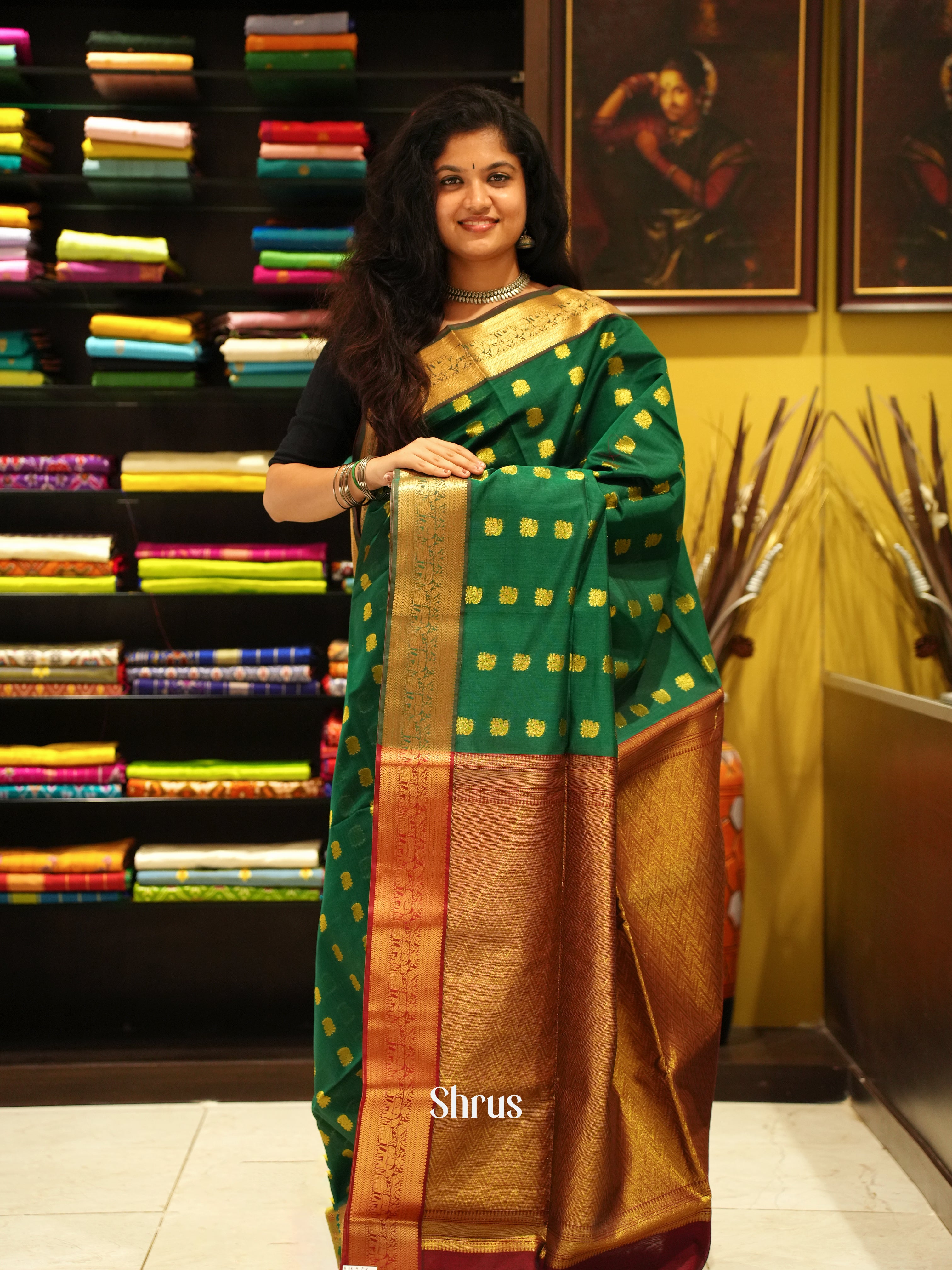 Green & Maroon -Semi Silkcotton Saree - Shop on ShrusEternity.com