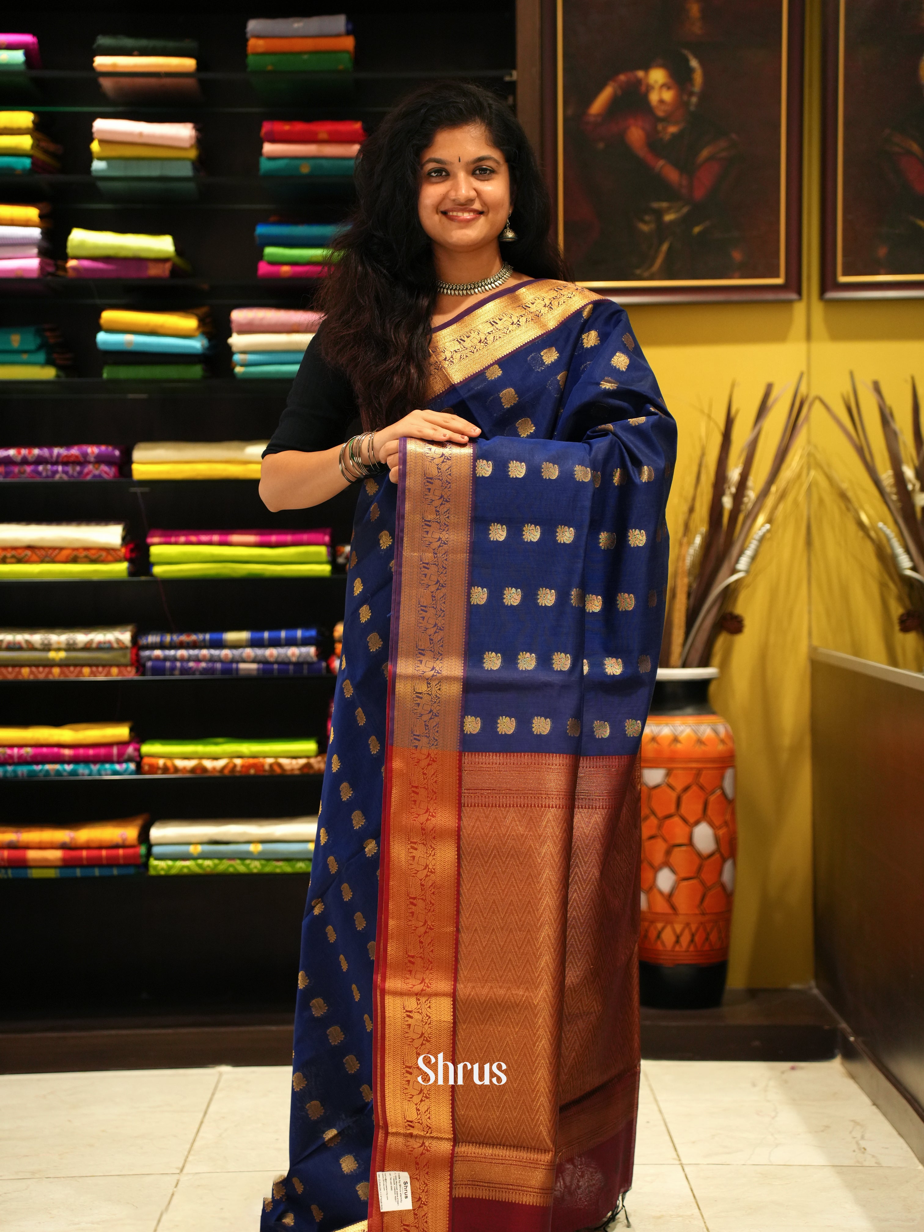 Blue & Maroon -Semi Silk cotton Saree - Shop on ShrusEternity.com