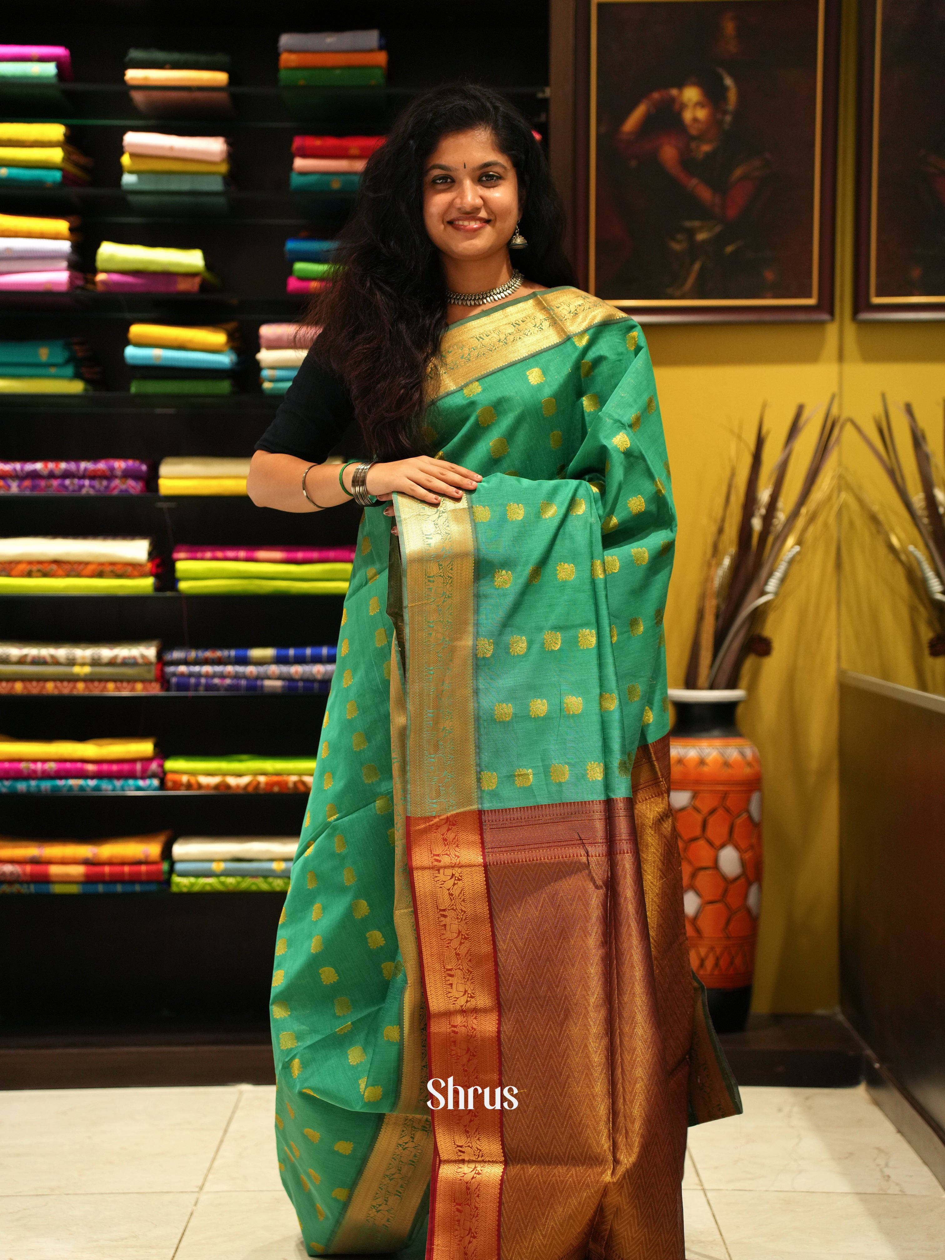 Green & Maroon -Semi Silkcotton Saree - Shop on ShrusEternity.com