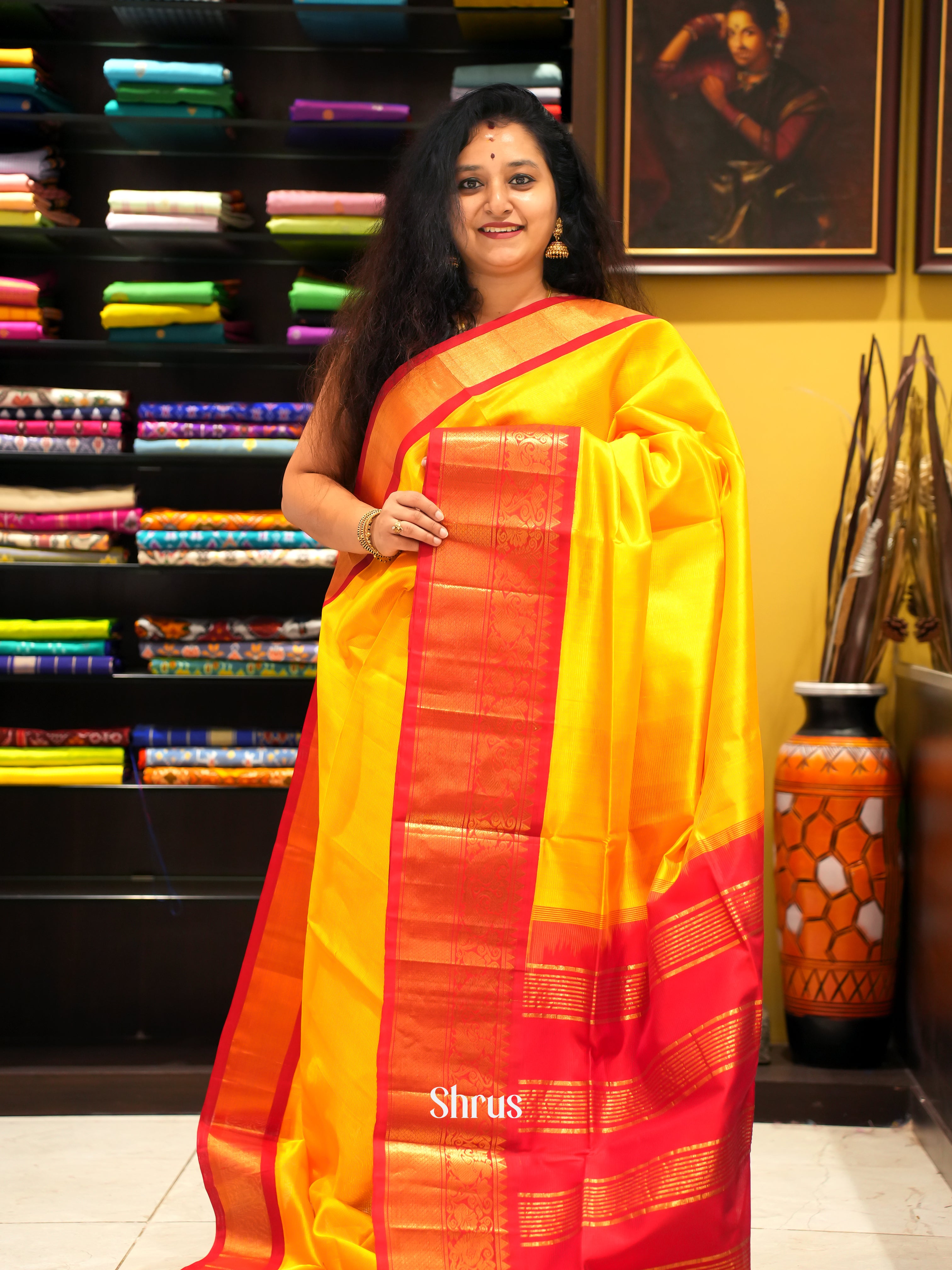 Yellow And Red- Silk Cotton Saree - Shop on ShrusEternity.com