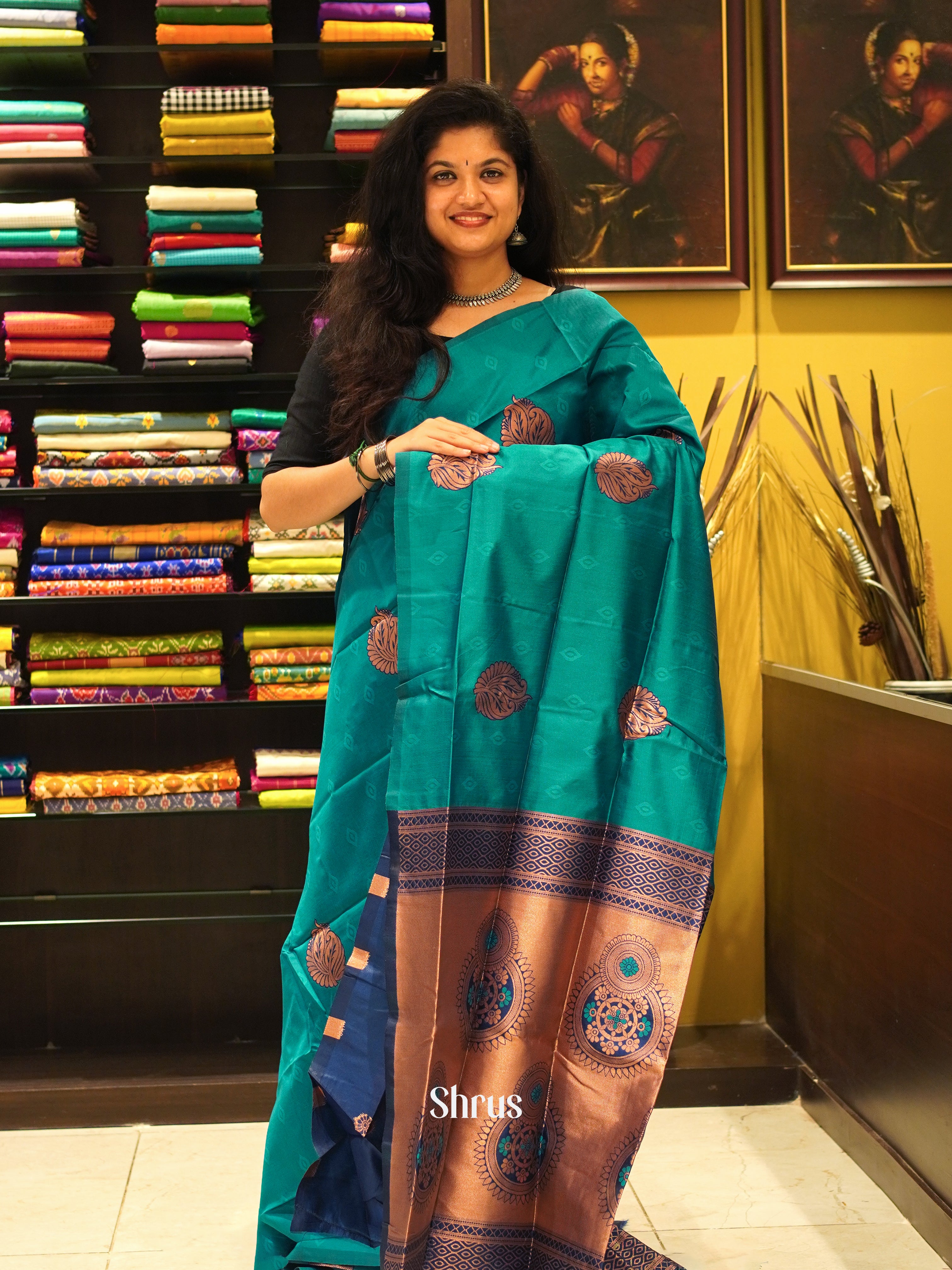 green and blue- Semi Soft SIlk Saree - Shop on ShrusEternity.com