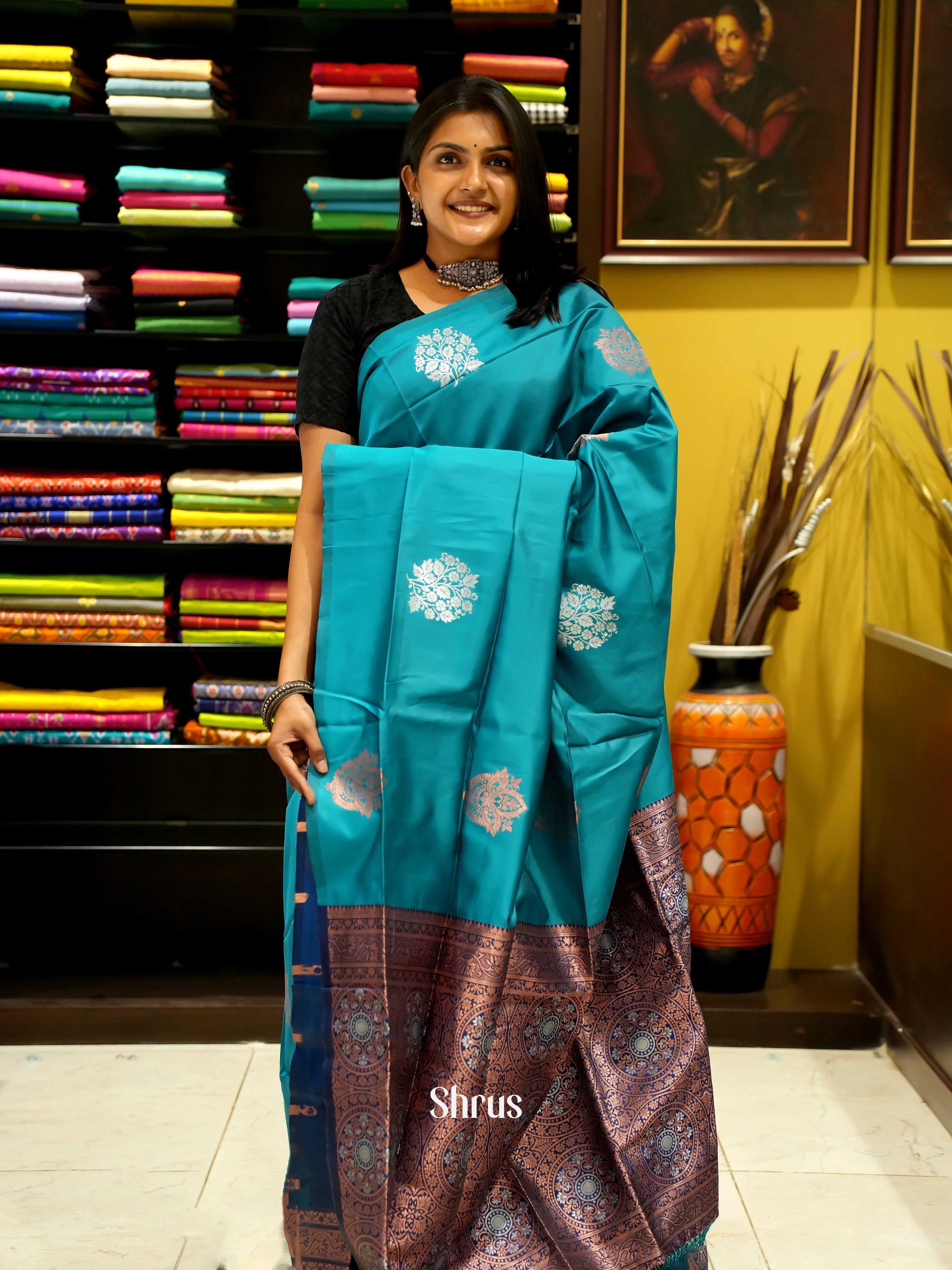 Peacock Neck And Blue-Semi soft silk saree - Shop on ShrusEternity.com