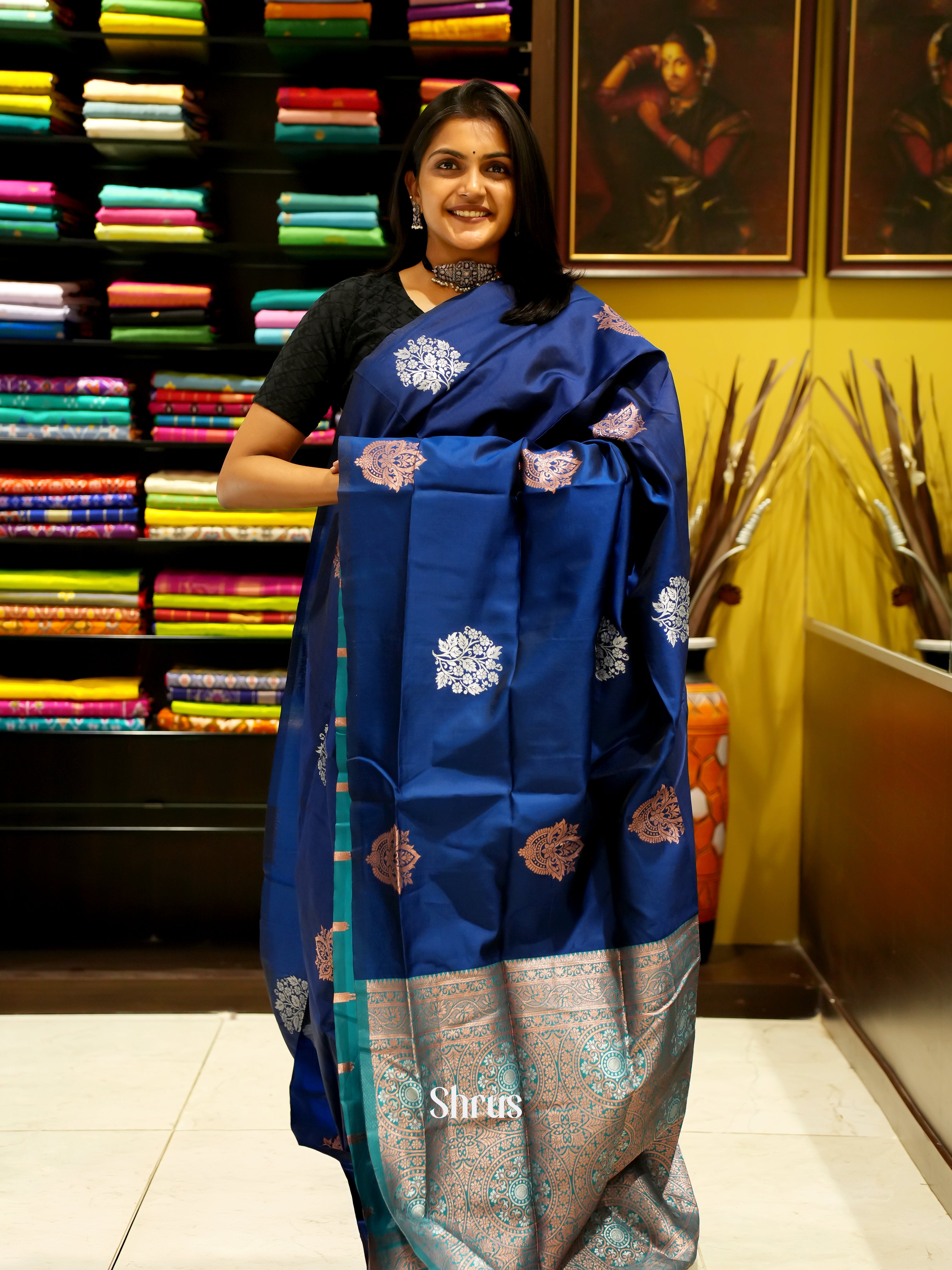 Blue And Peacock Green-Semi soft silk saree - Shop on ShrusEternity.com