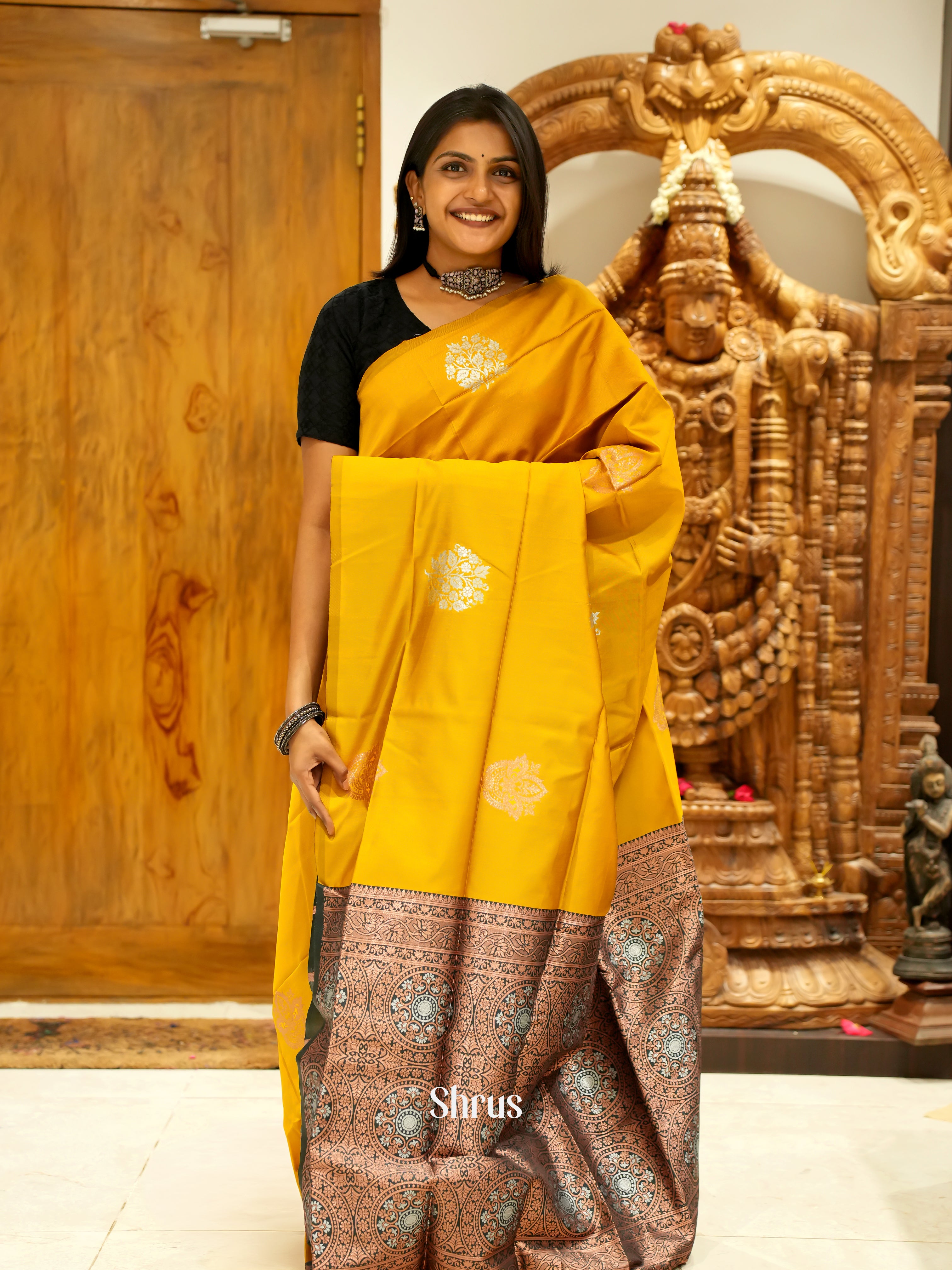 Mustard And Green- semi soft silk saree - Shop on ShrusEternity.com