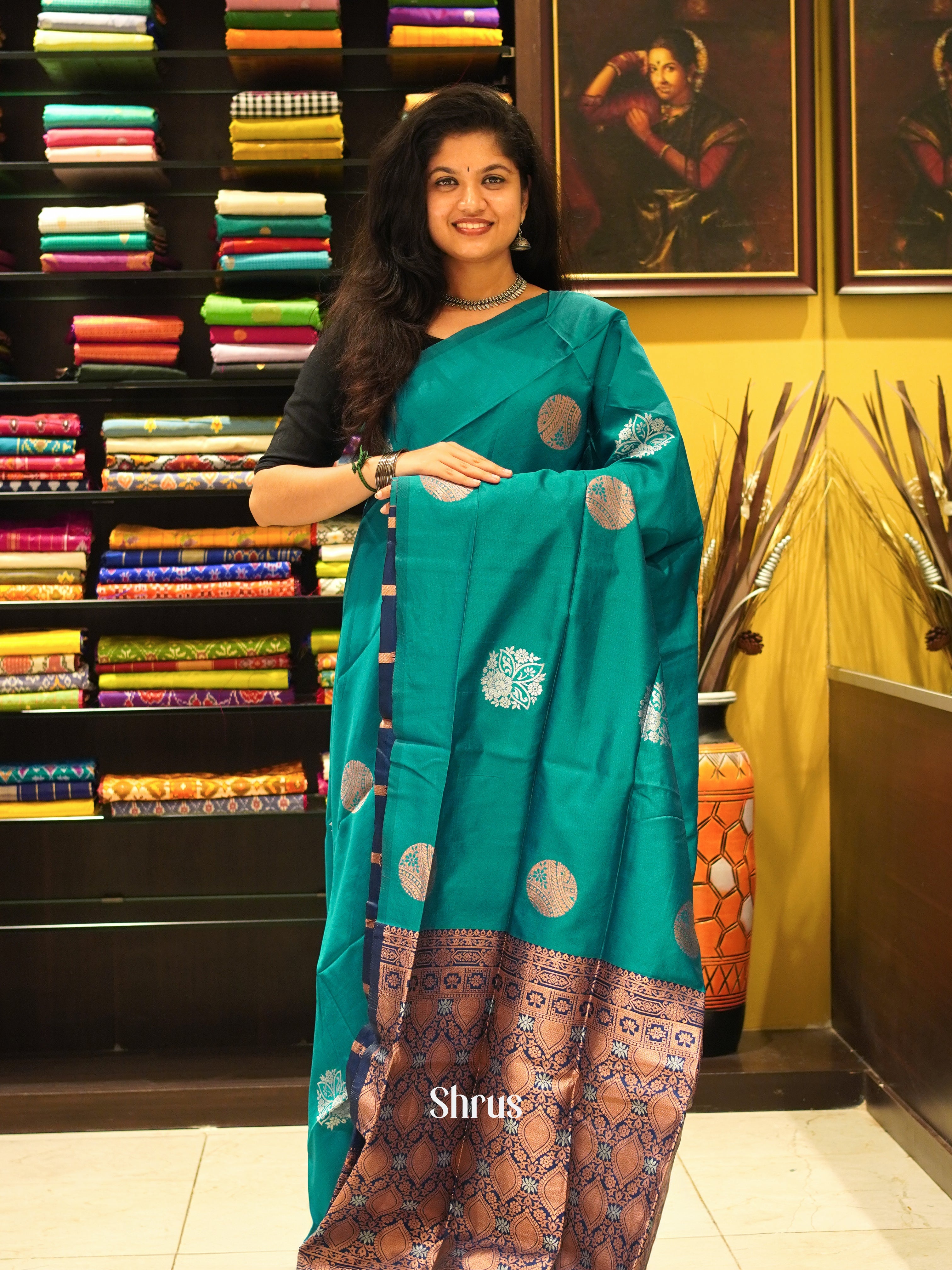 Peacock Neck And Blue- Semi soft silk saree - Shop on ShrusEternity.com