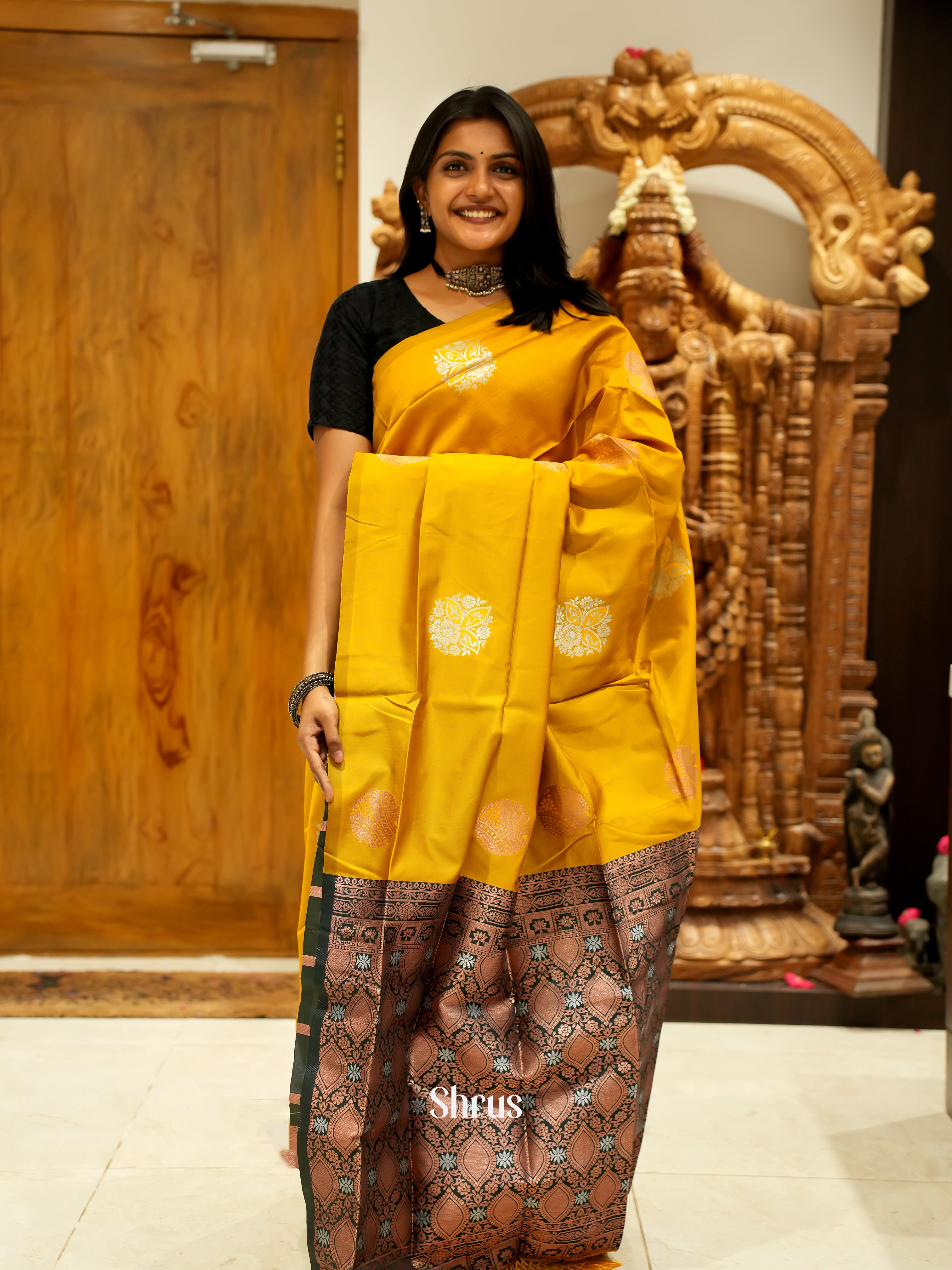 Mustard And Green-Semi soft silk saree - Shop on ShrusEternity.com