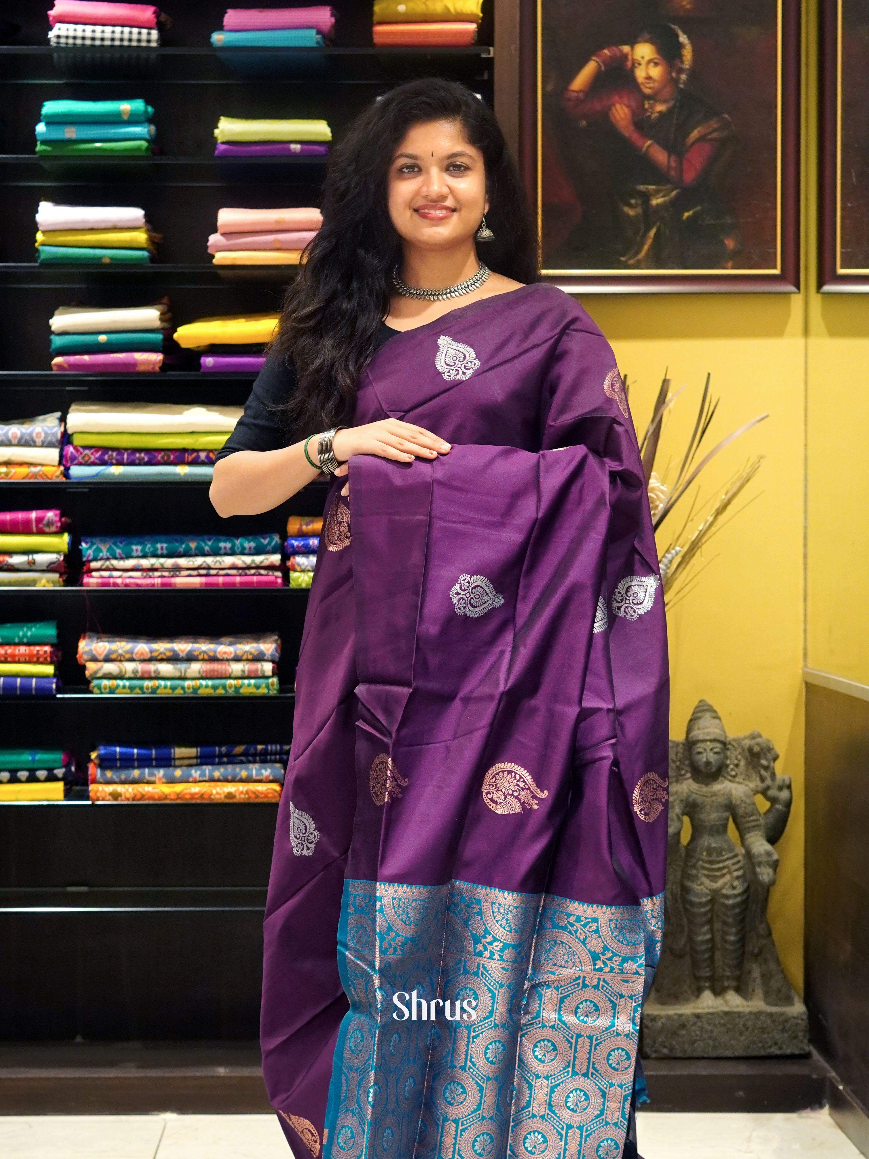 Wine And Blue-Semi soft silk saree - Shop on ShrusEternity.com