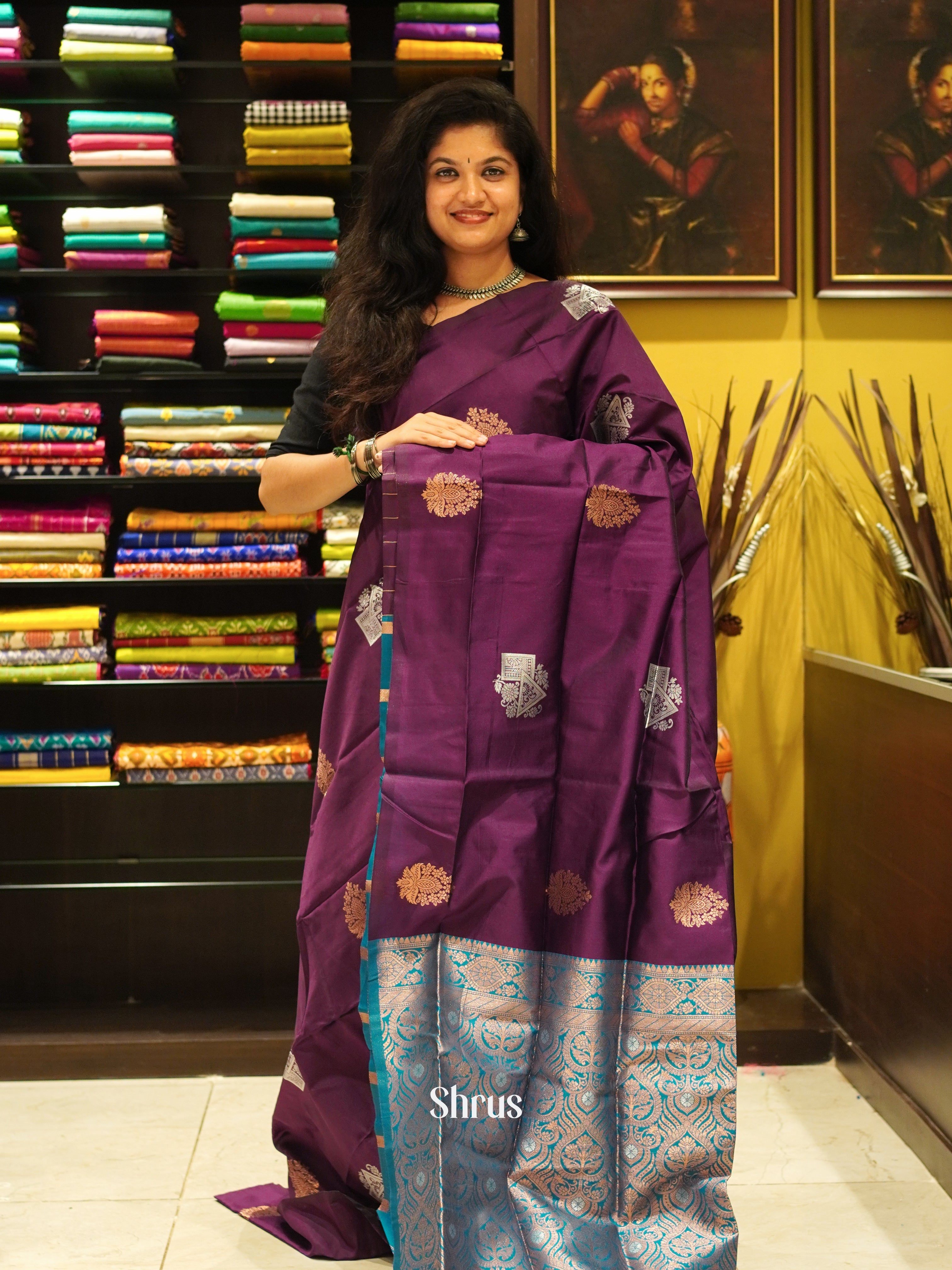 Wine And Blue-Semi soft silk saree - Shop on ShrusEternity.com
