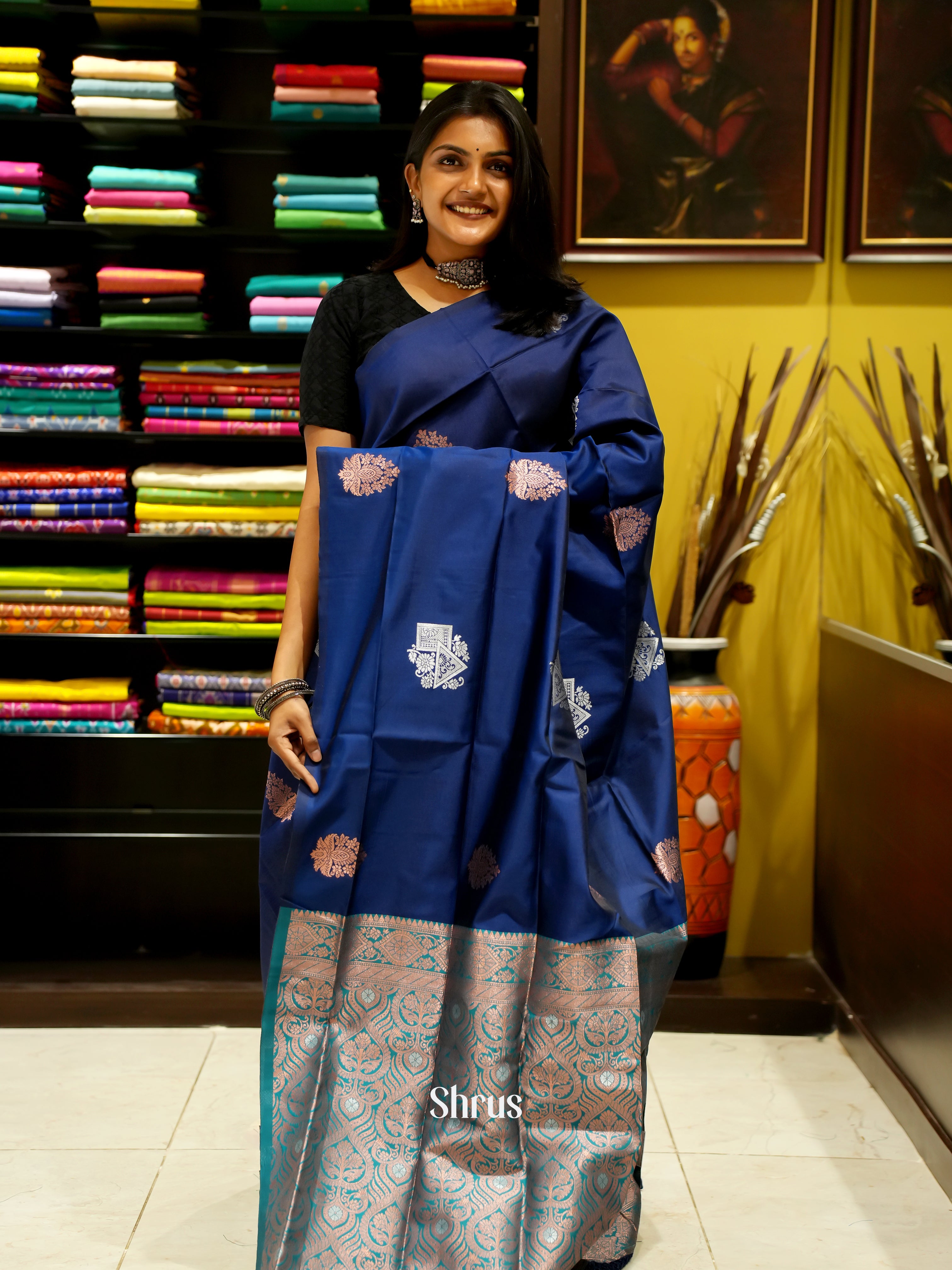 Blue And Peacock Green-Semi soft silk saree - Shop on ShrusEternity.com