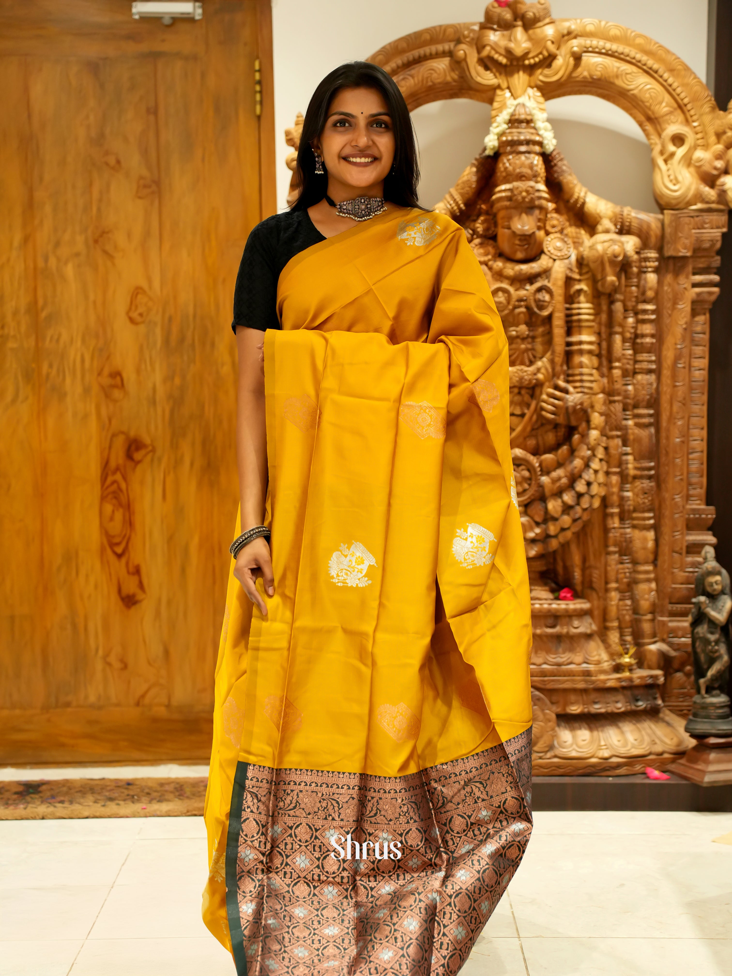 Mustard And Green-Semi soft silk saree - Shop on ShrusEternity.com