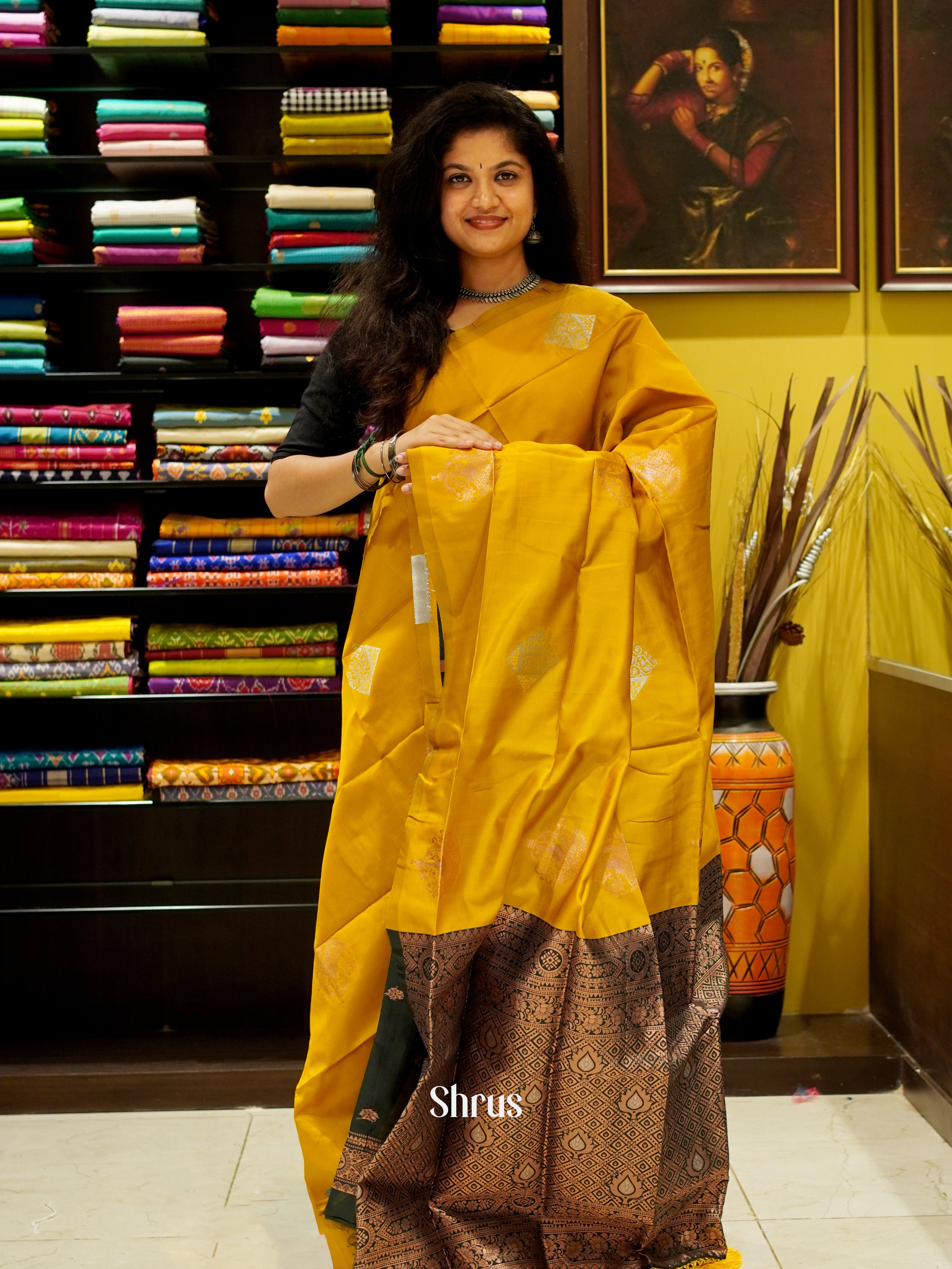 Mustard And Green-semi soft Silk saree - Shop on ShrusEternity.com