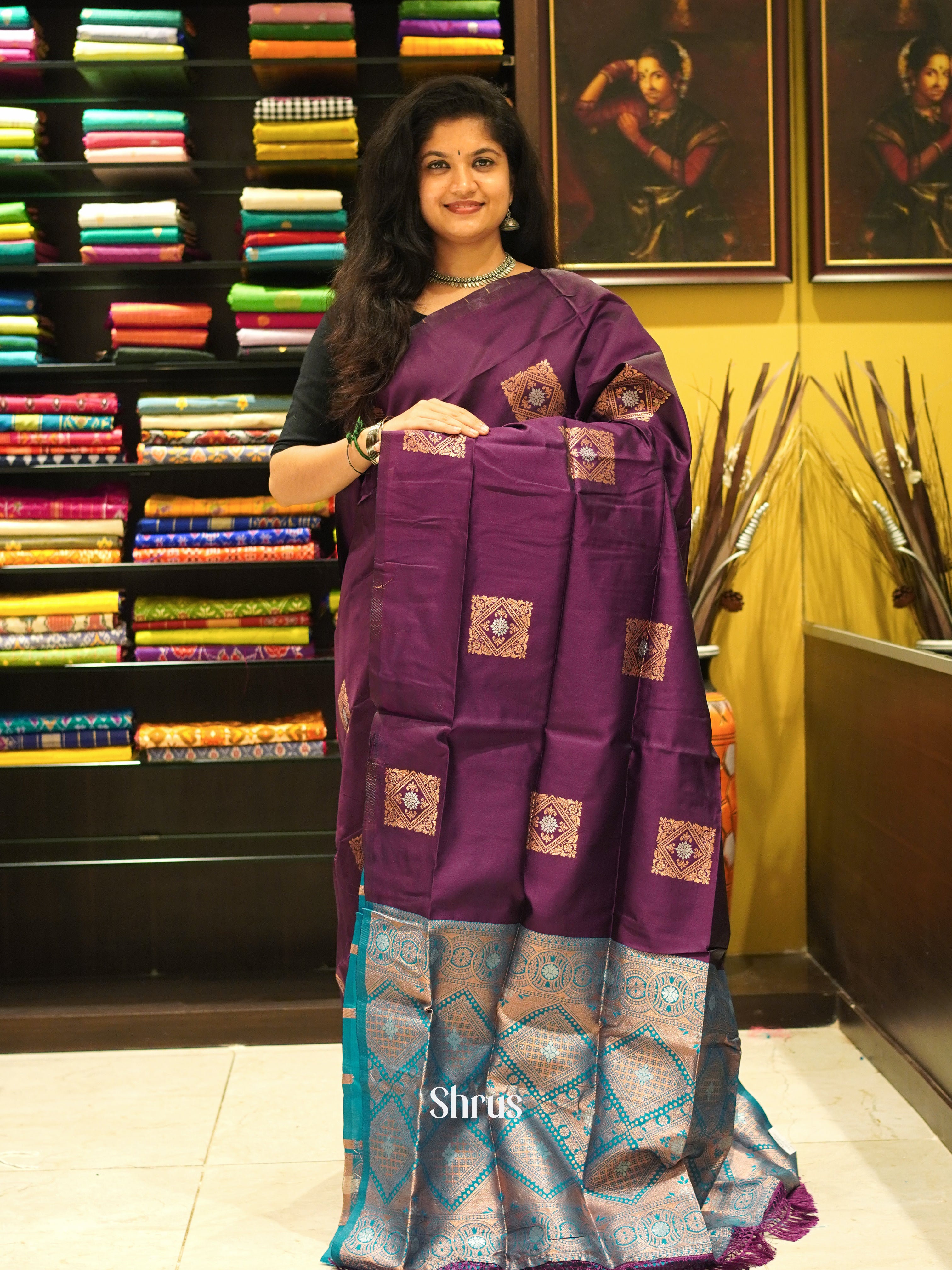 Wine And Blue-Semi soft silk saree - Shop on ShrusEternity.com