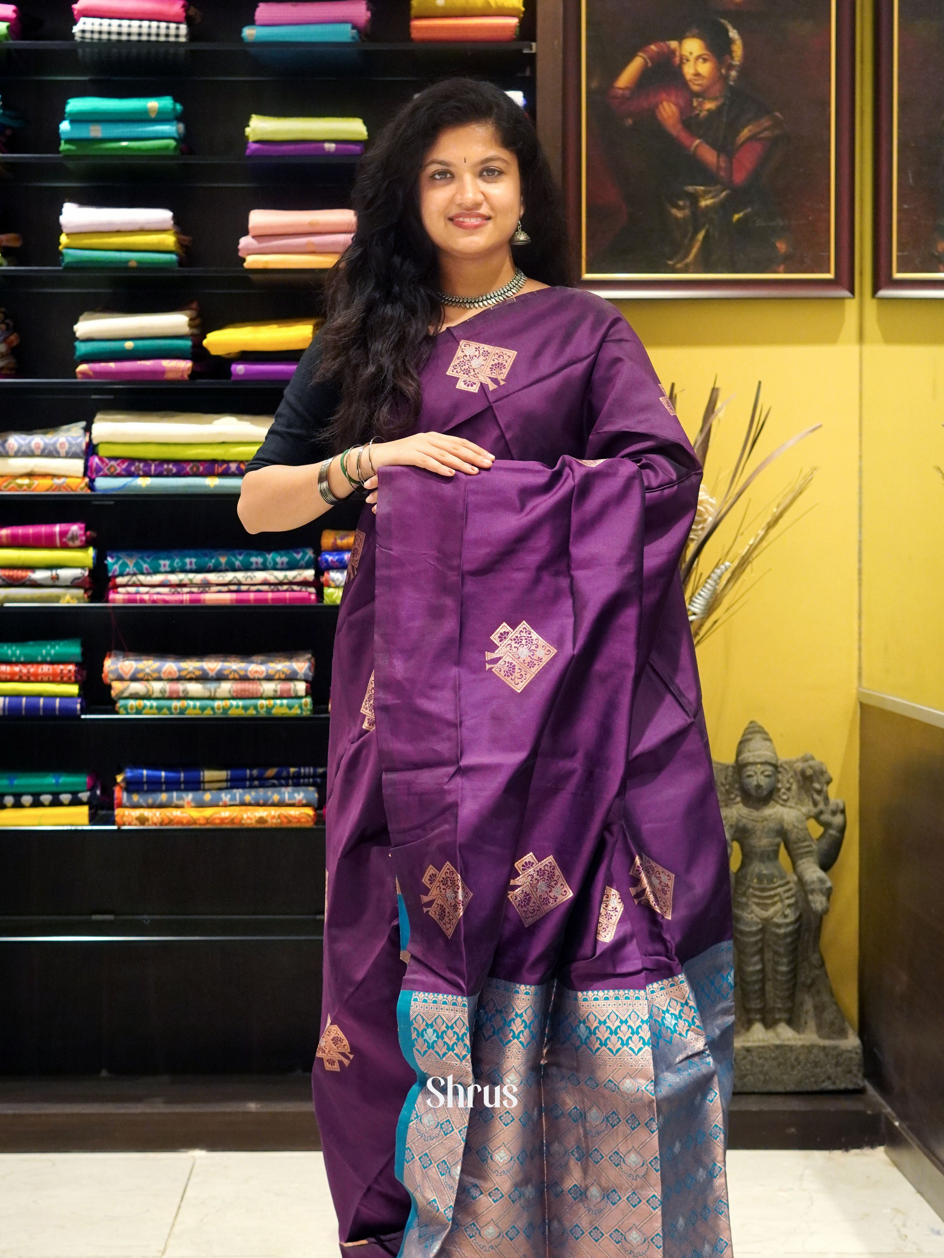 Wine And Blue-Semi soft silk saree - Shop on ShrusEternity.com