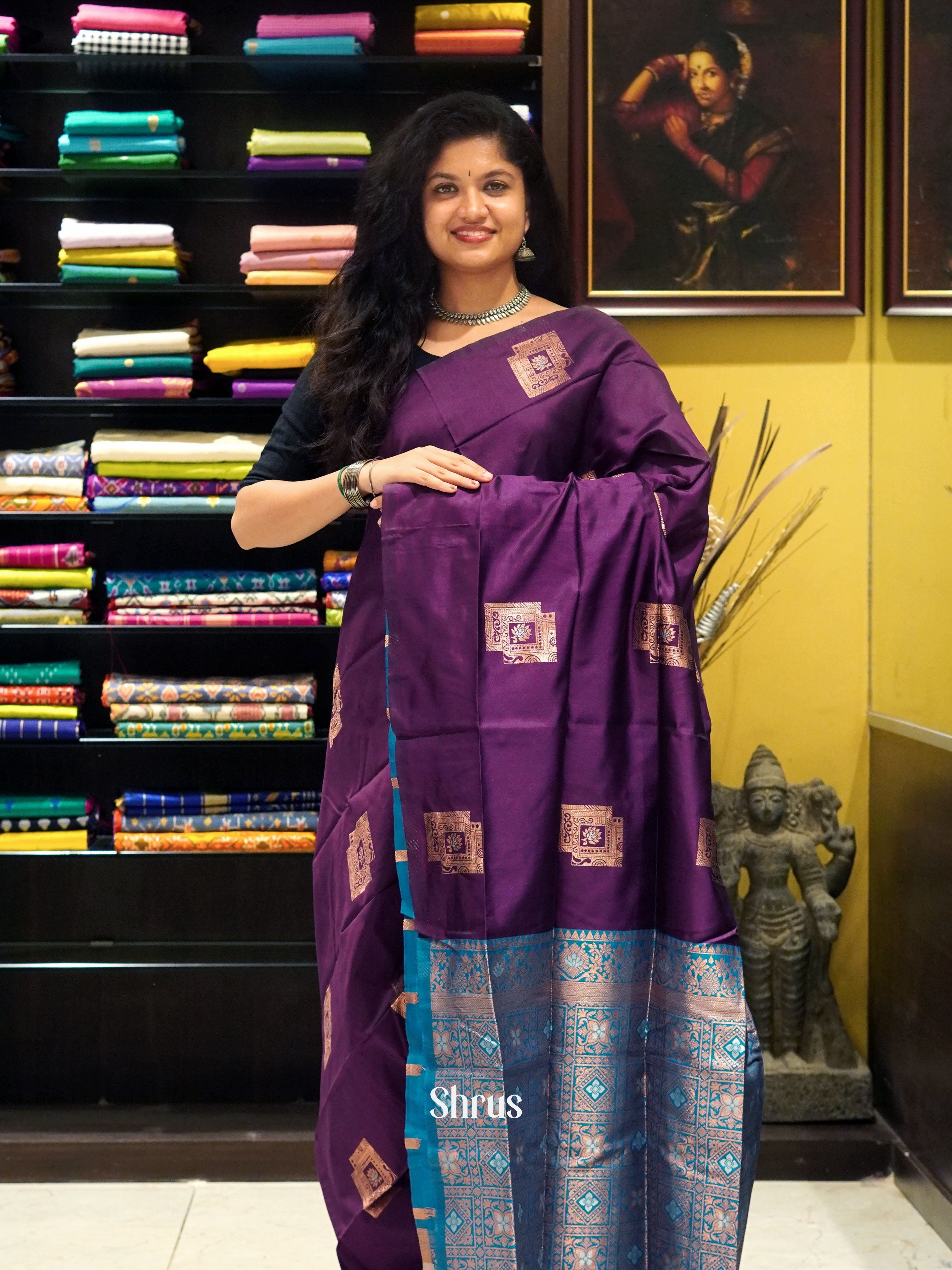 Wine And Blue-Semi soft silk saree - Shop on ShrusEternity.com