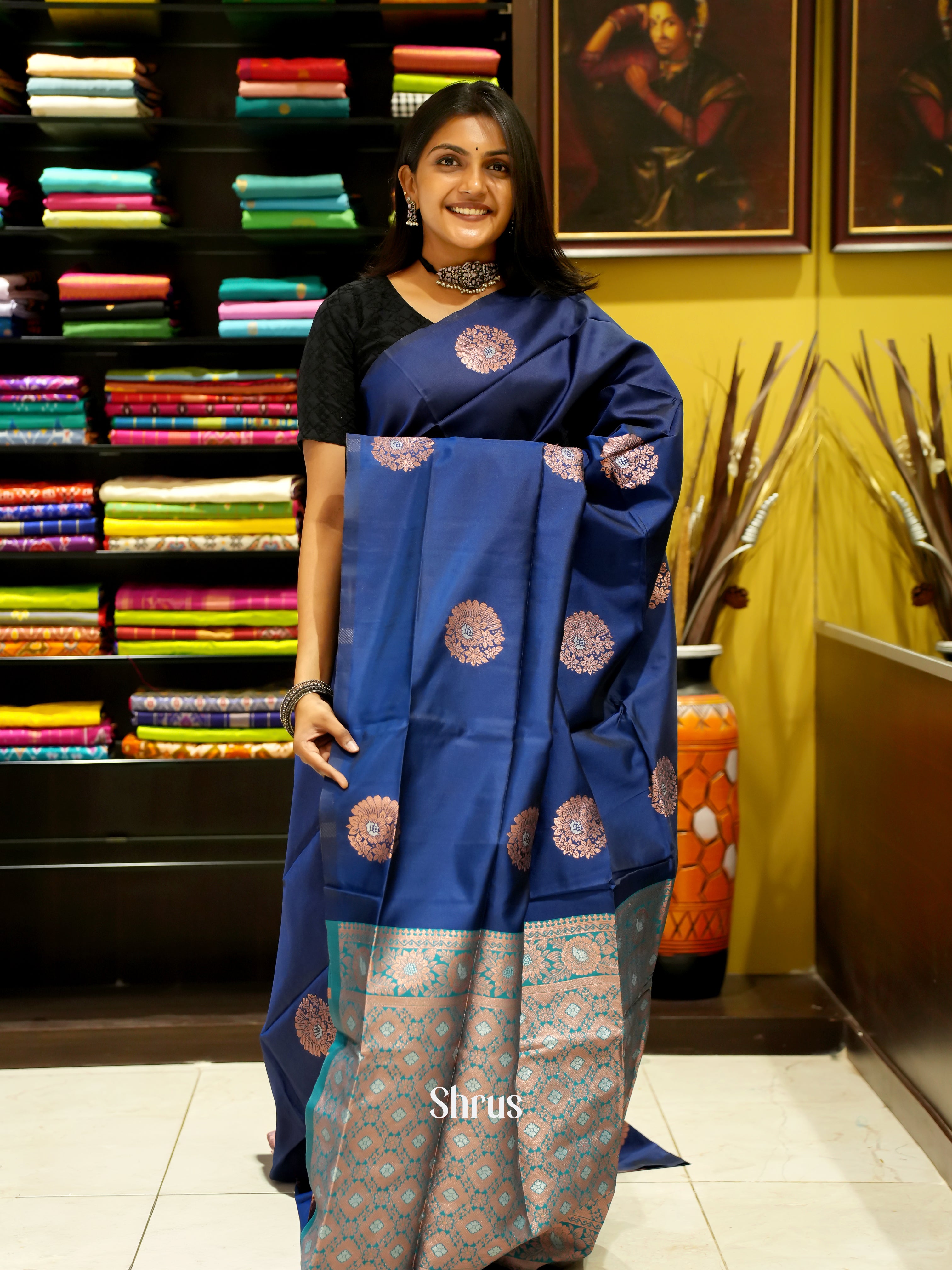 Blue And Peacock Green-Semi soft silk saree - Shop on ShrusEternity.com