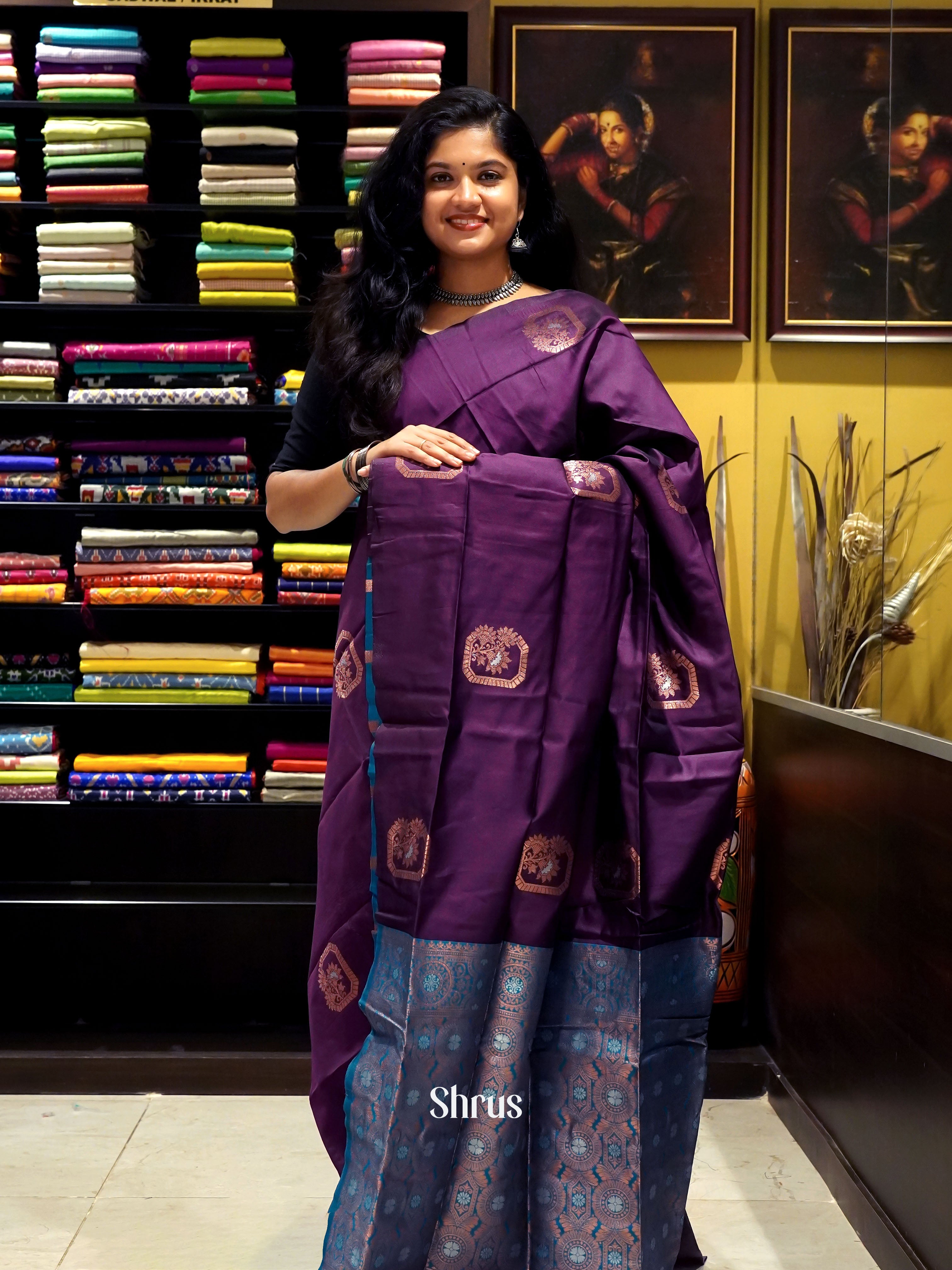 Wine And Blue-Semi soft silk saree - Shop on ShrusEternity.com