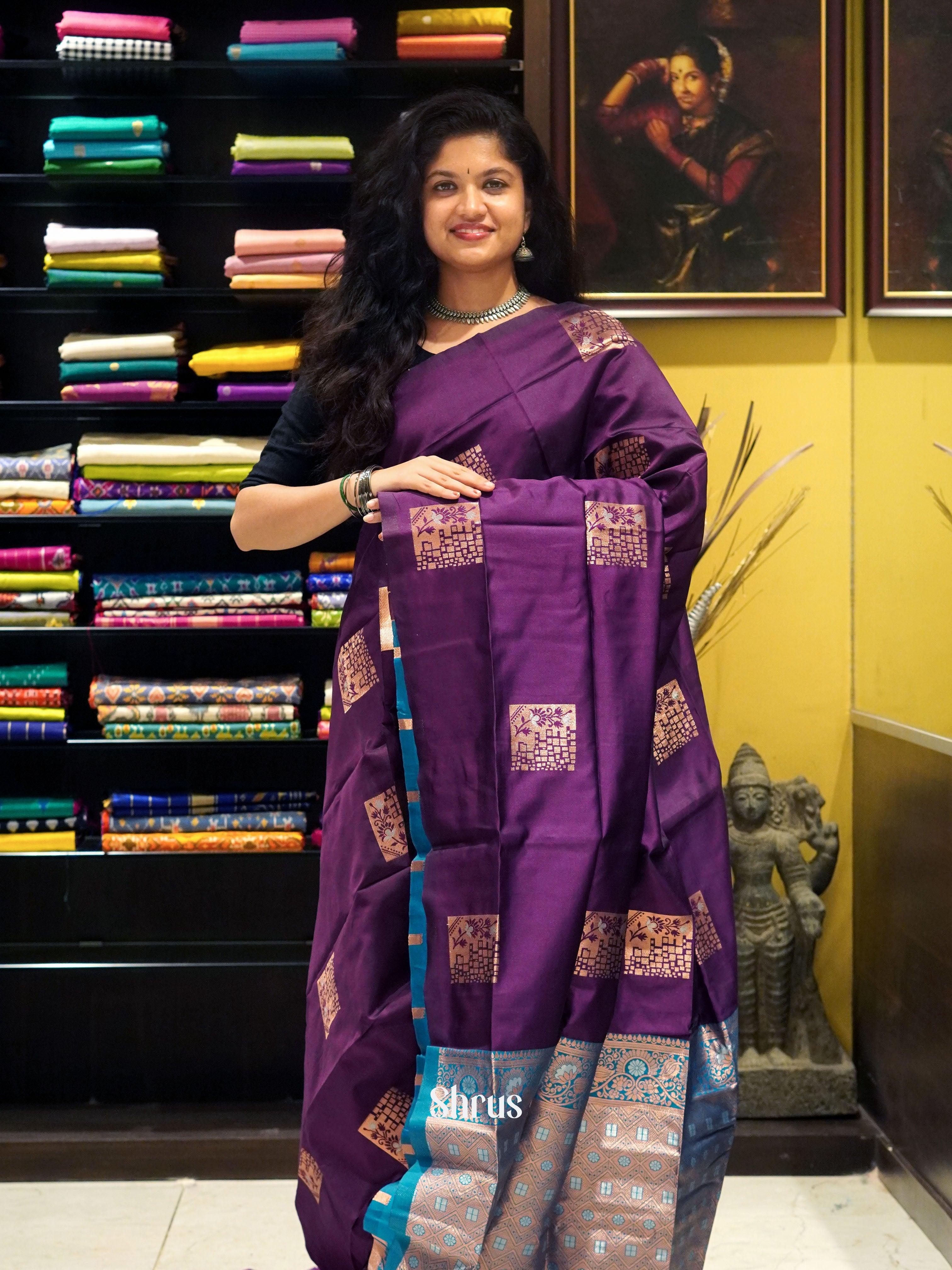 Wine And Blue-Semi soft silk saree - Shop on ShrusEternity.com