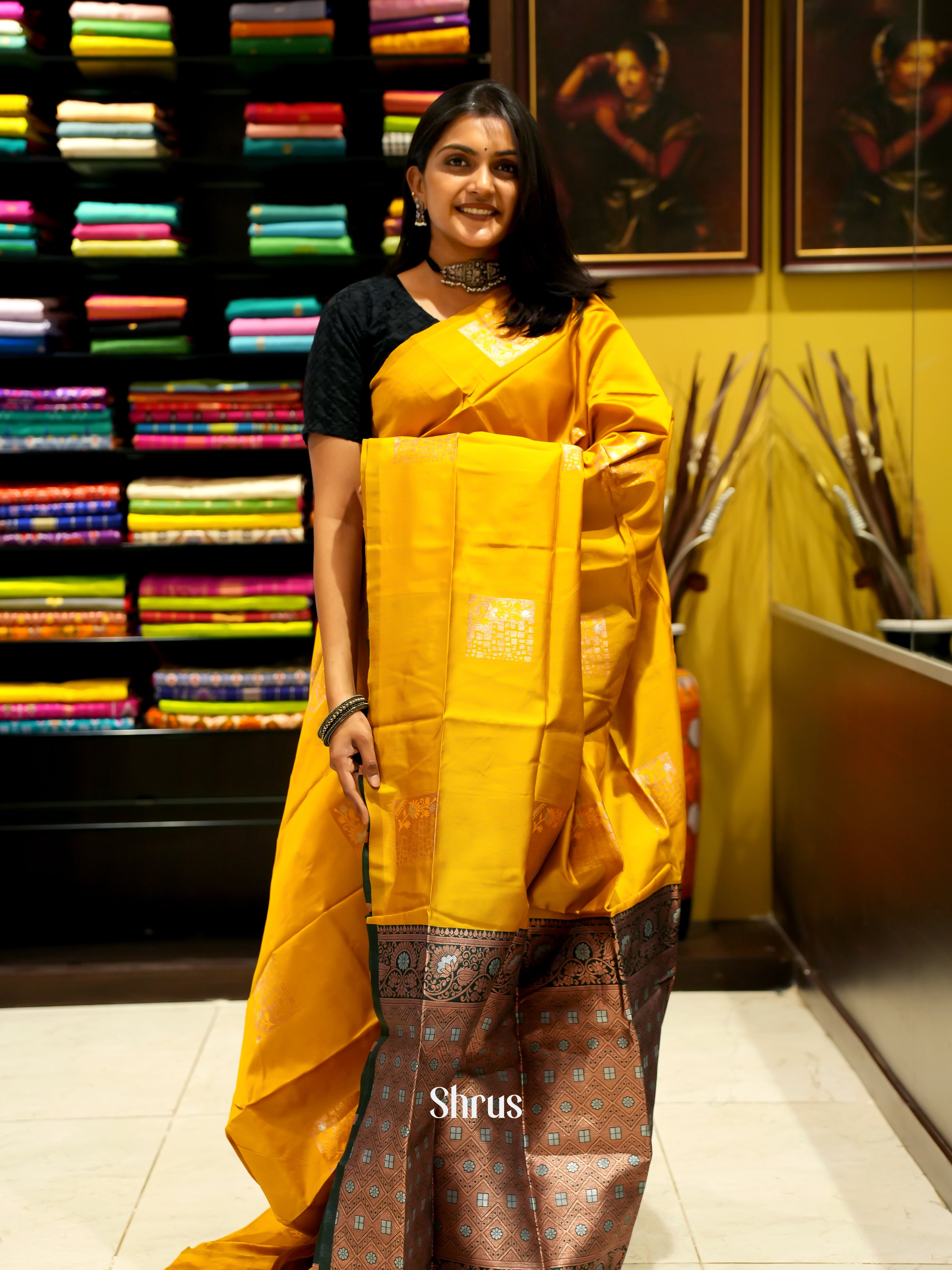 Mustard And Green-Semi soft silk saree - Shop on ShrusEternity.com